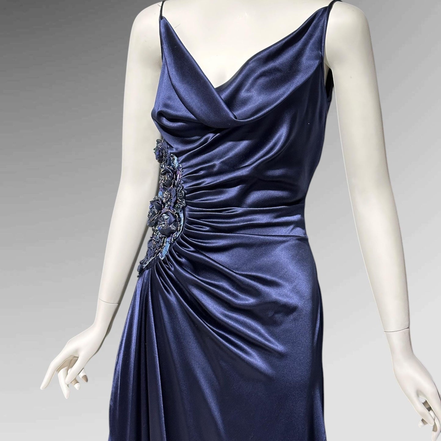BELLVILLE SASSOON Lorcan Mullany, vintge 1990s evening dress, midnight blue silk beaded sheath slip gown