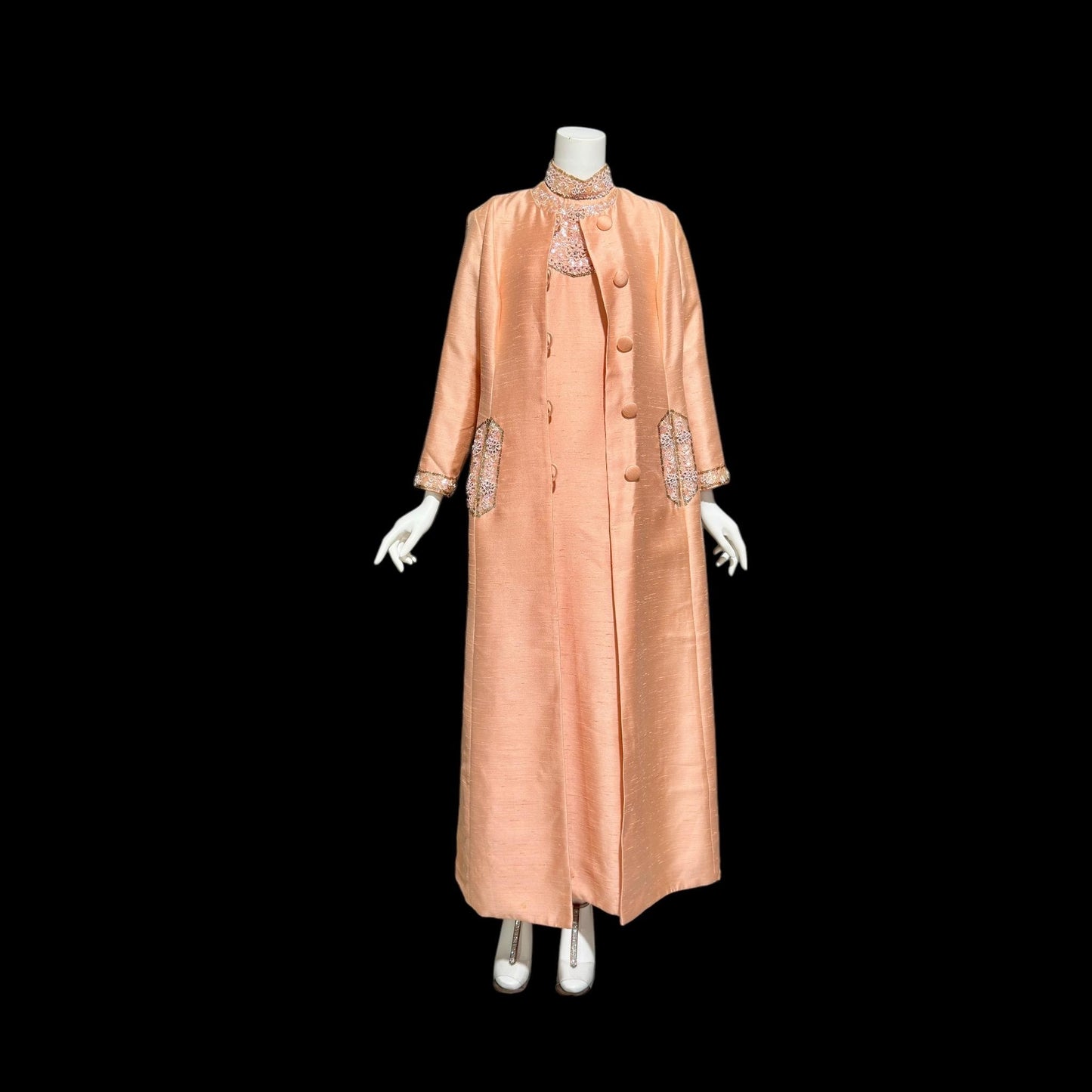 SMART MISS Vintage 1960s evening gown and opera coat ensemble, Peach raw silk high neck beaded mod column dress and duster