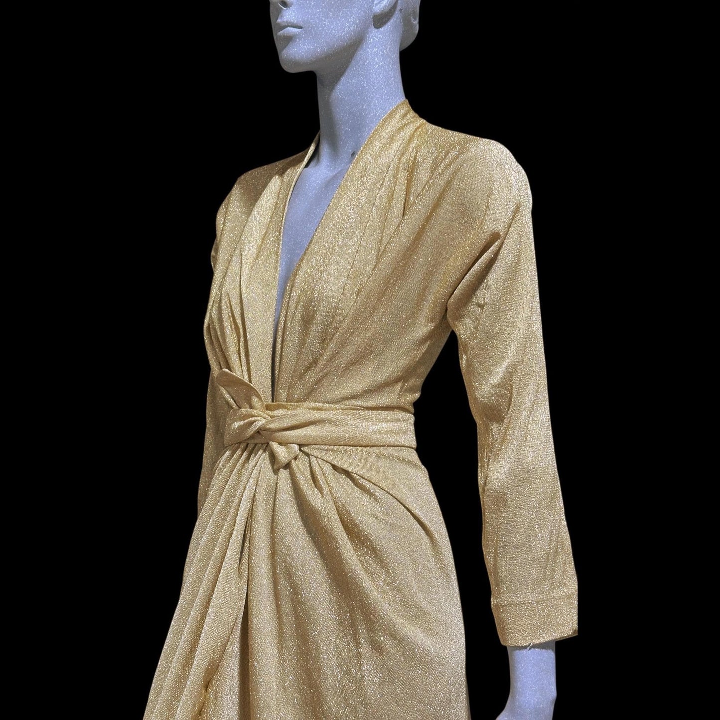 MARSHALL FIELD's DORIAN, 1970s vintage evening dress, Metallic gold lurex knit goddess gown, Studio 54 disco party dress, very Halston