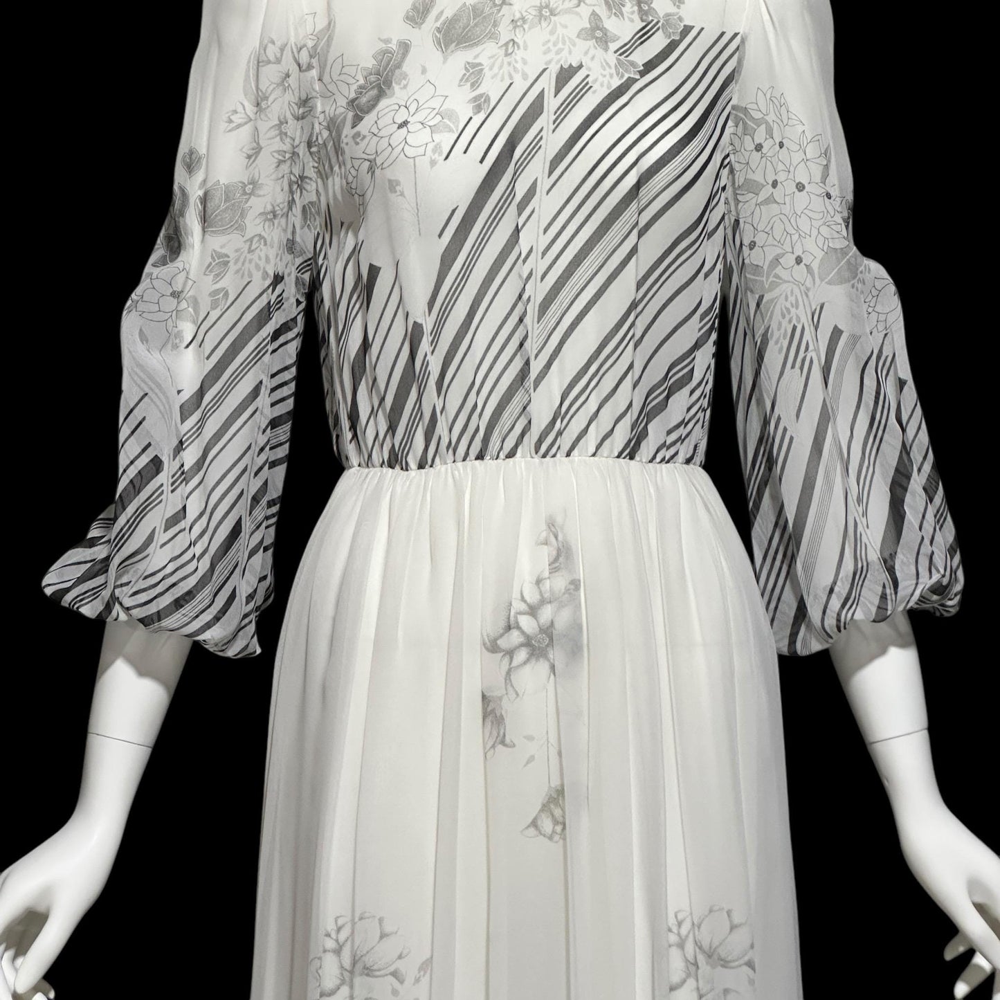 MOLLIE PARNIS by Morty Sussman, vintage 1970s evening dress, chiffon black and white floral poly chiffon gown