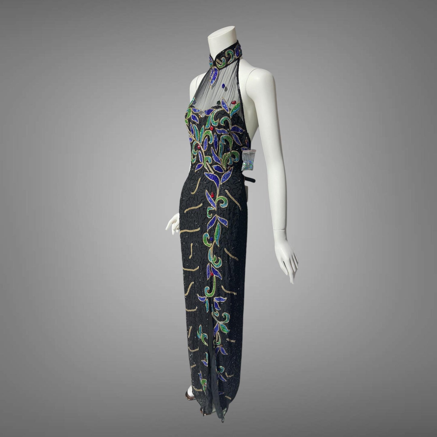J REYNOLDS DESIGNS, vintage 1990s evening dress, Deadstock Black Beaded Halter Party slip dress