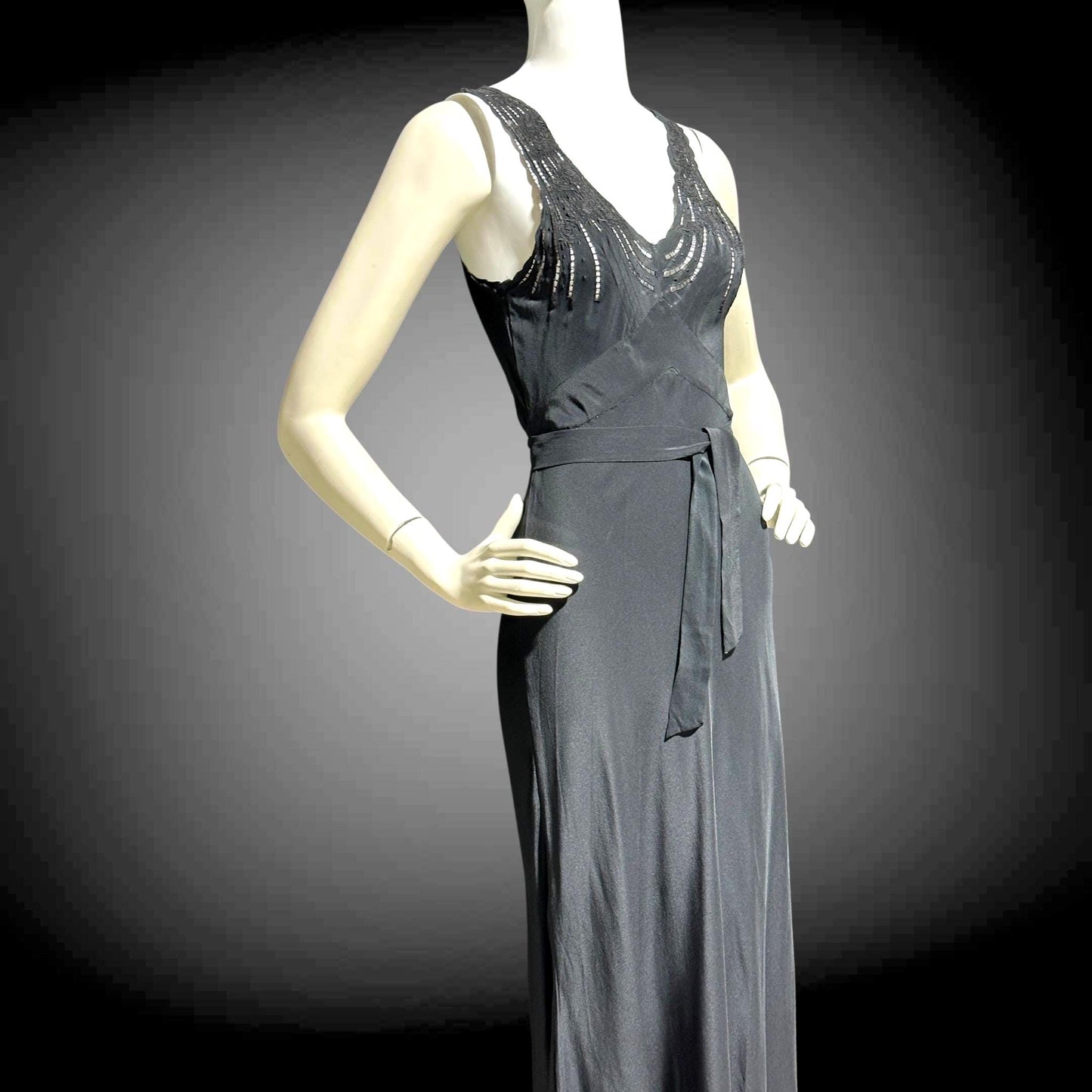 PEONY, vintage 1950s Silk Nightgown slip dress, inky black bias cut hand embroidered gown