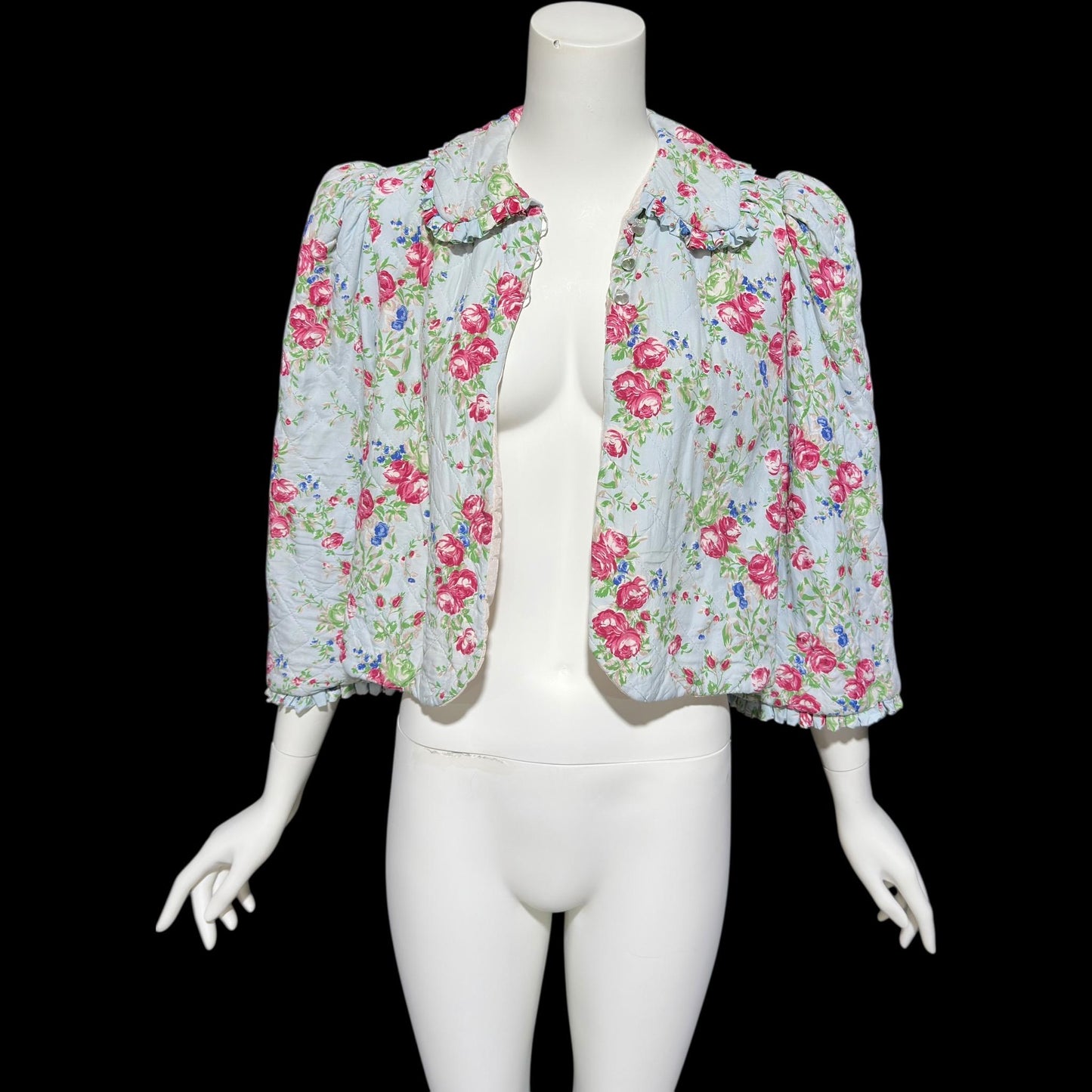 1930s vintage quilted bed jacket, blue satin with rose print short night robe