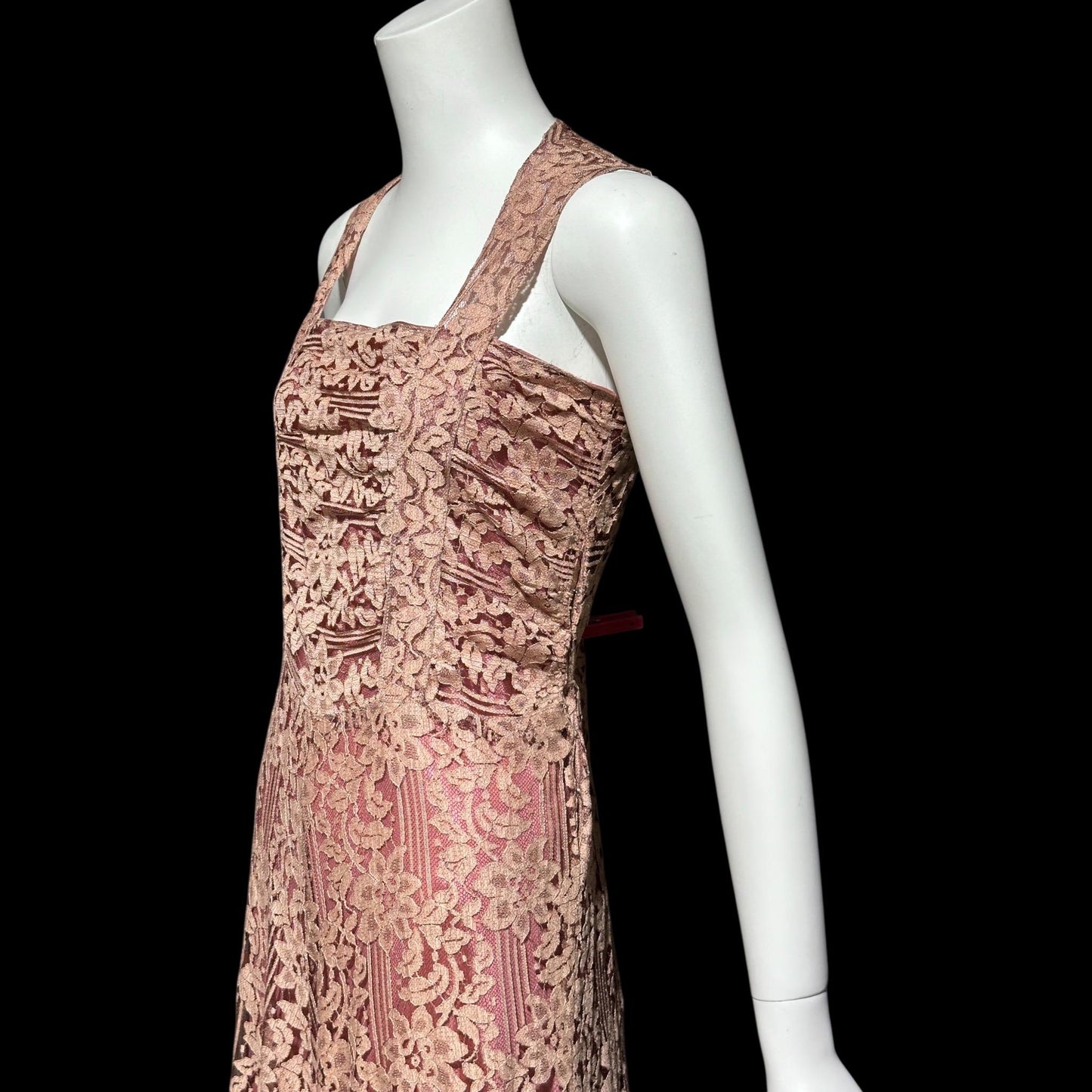1930s vintage evening dress, Dusty pink lace sheath gown, fully lined