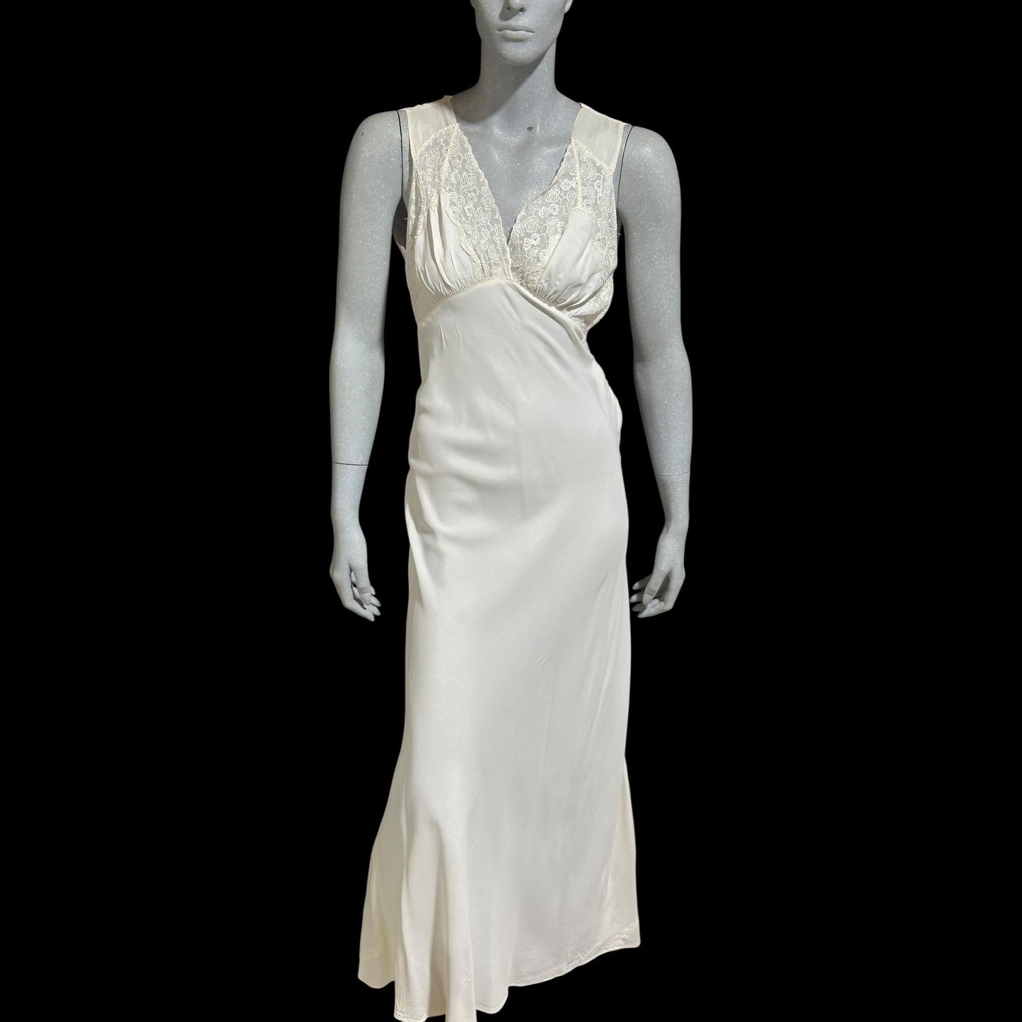 1930s vintage Nightgown slip dress, White rayon and lace bias cut night dress, full length with side snaps