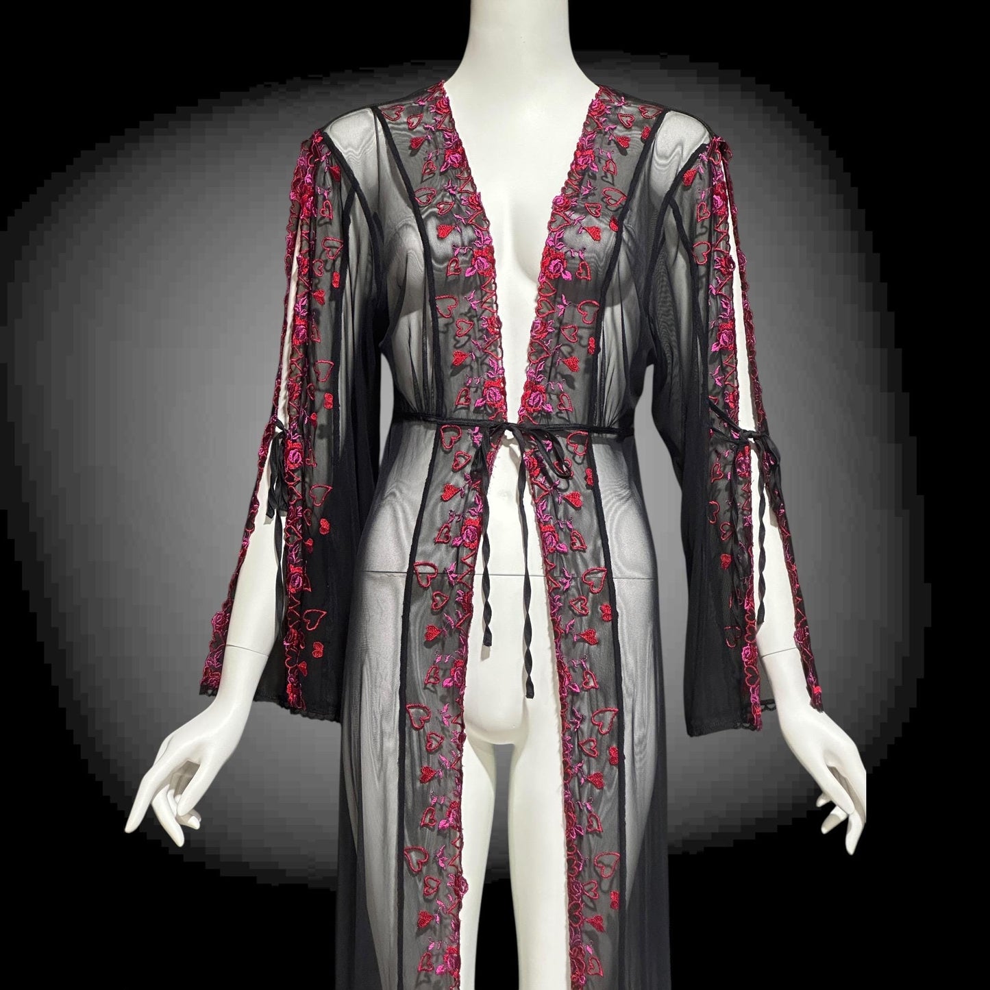 JACALYN BENNETT, Vintage 1990s lace mesh robe, FREDERICK'S of Hollywood, sheer black mesh dressing gown