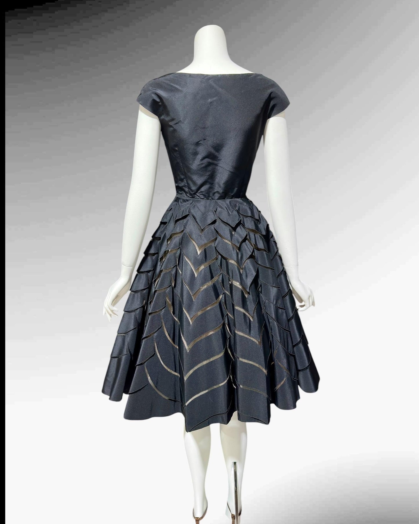 OLDRIC ROYCE, vintage 1950s dress, black cutout fit and flare cocktail party evening dress