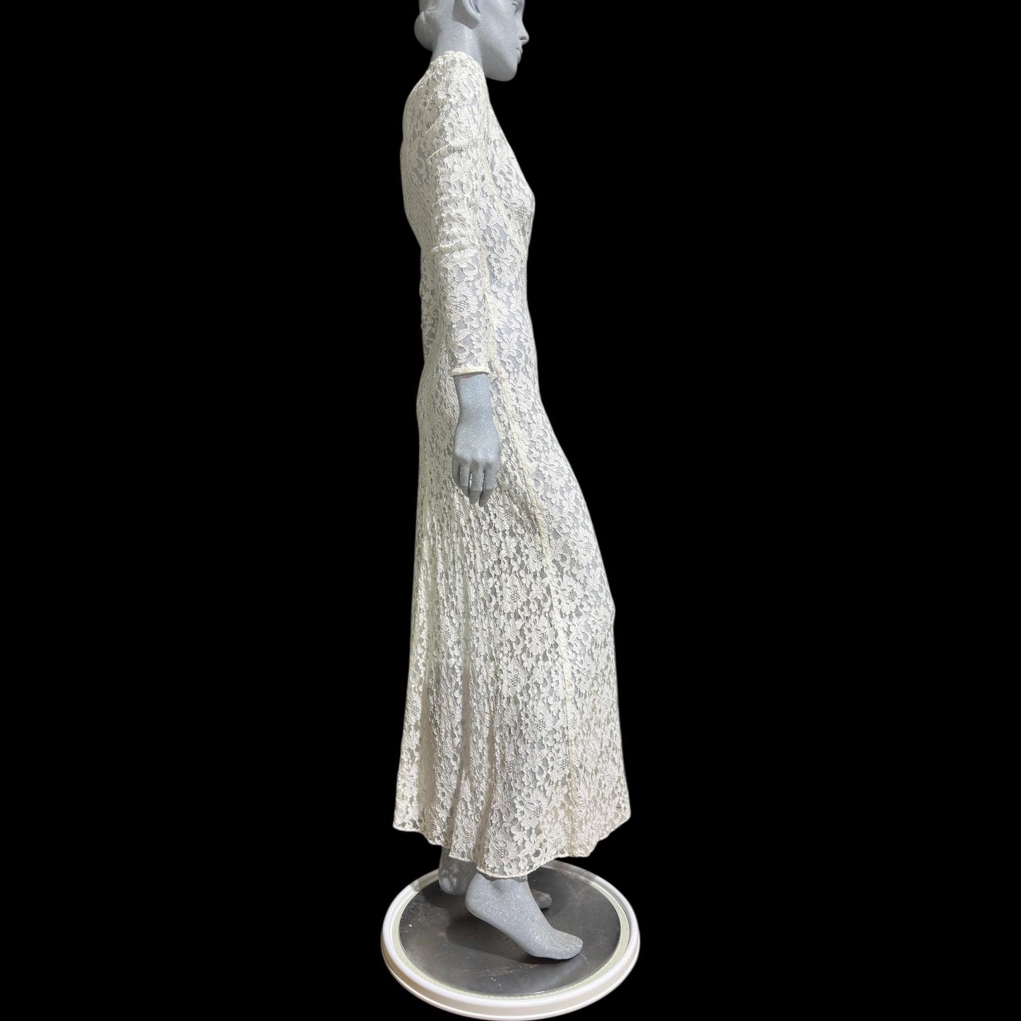 1940s vintage wedding bridal dress, white see through lace sheath full length gown