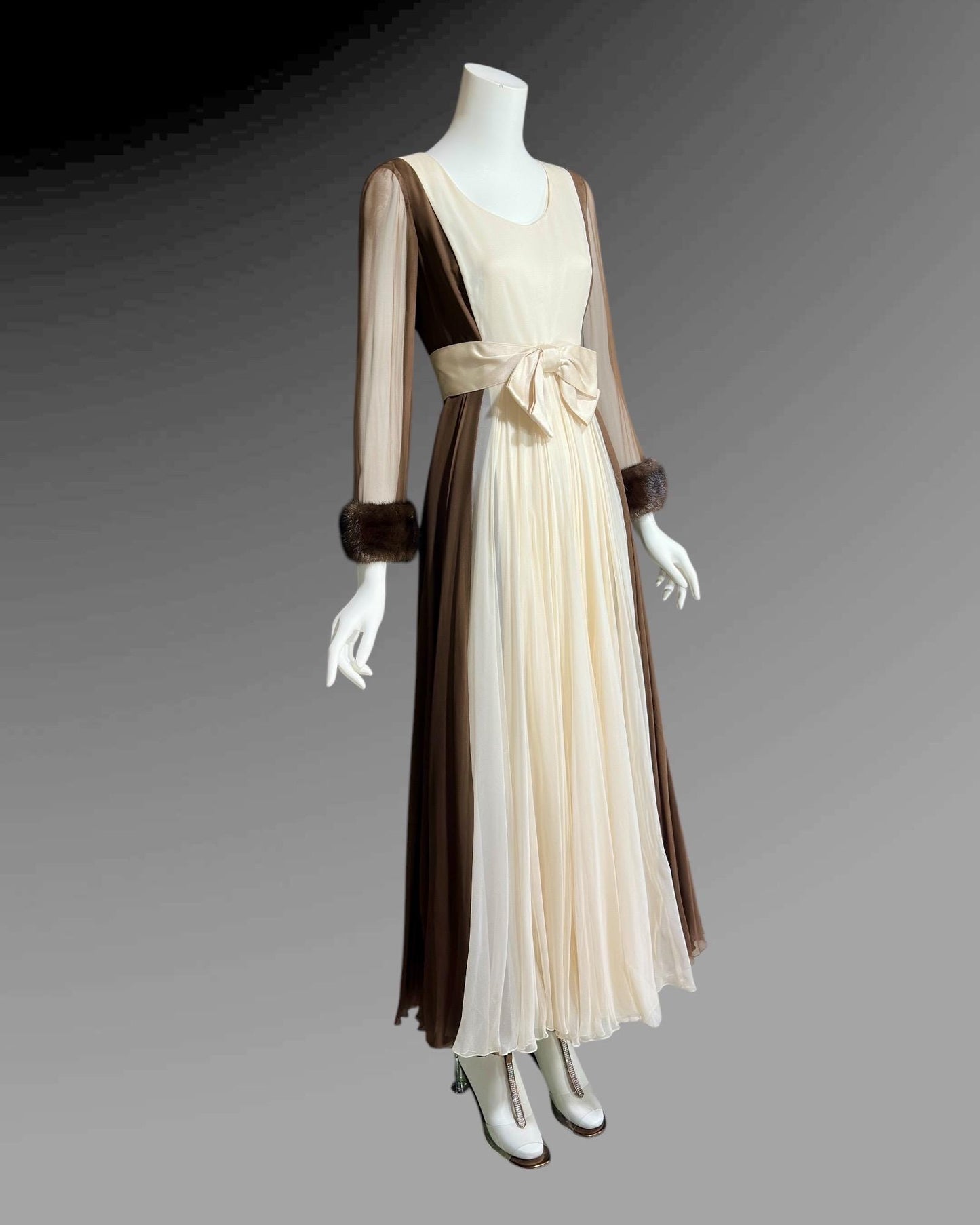 JEAN-LOUIS for I. Magnin, vintage 1950s evening gown, Brown Cream Chiffon cocktail party evening dress
