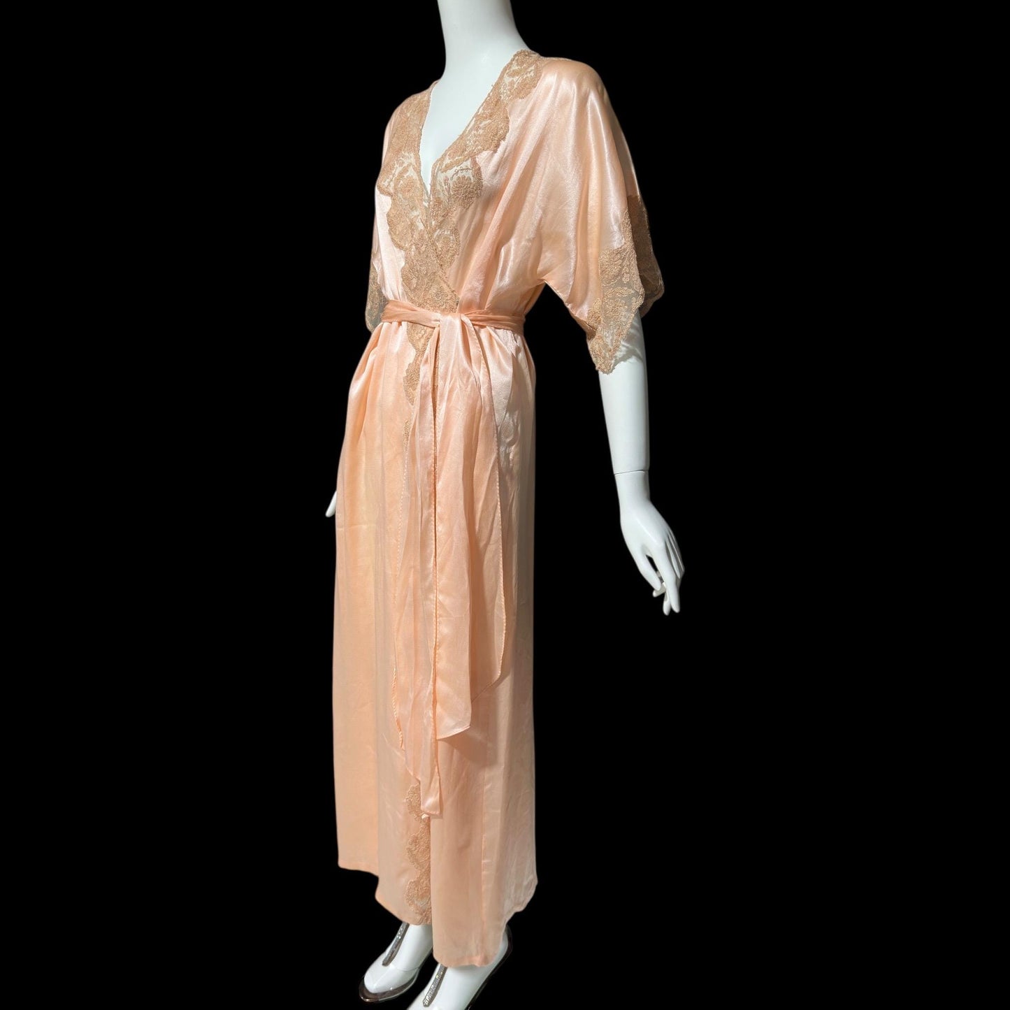 1930s vintage dressing gown robe, Shimmering Peach silk with amazing lace, wrap front house coat