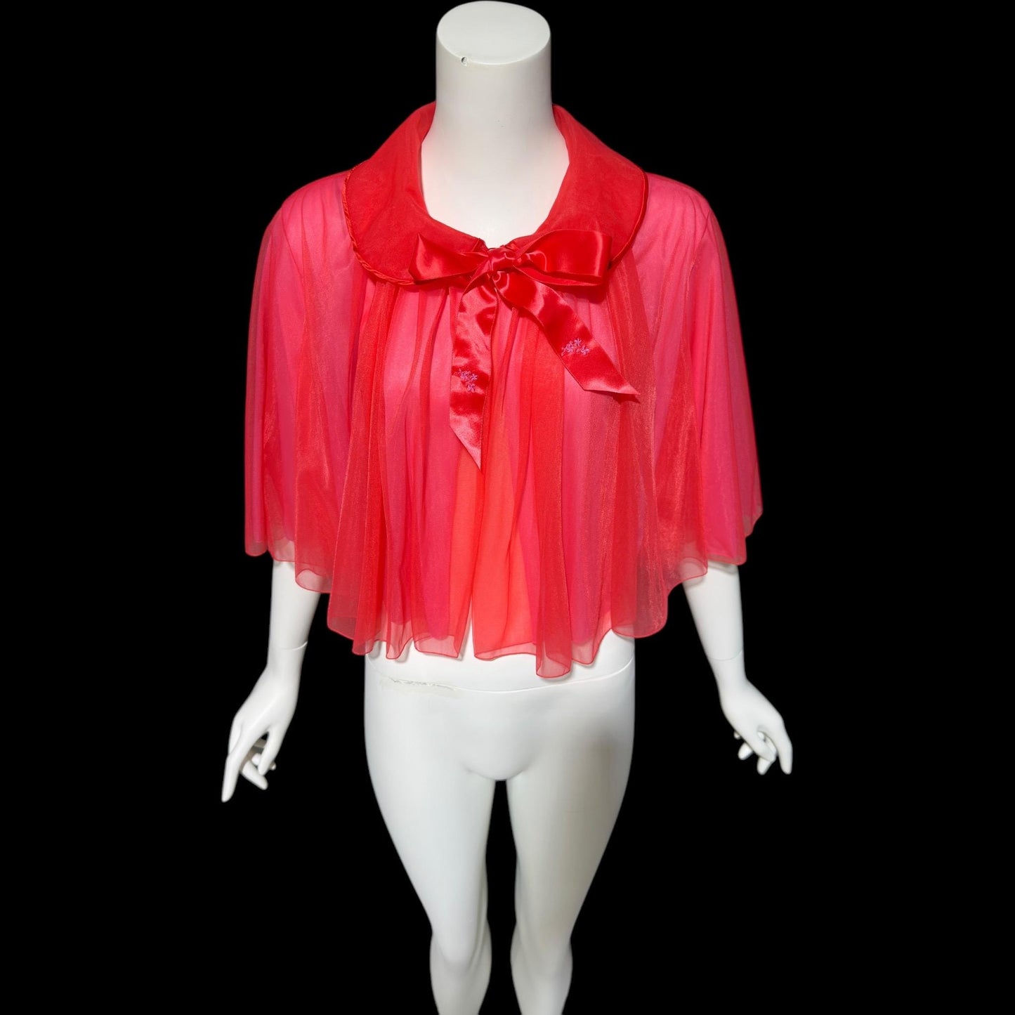 1950s vintage bed night jacket, Cherry Red & Hot Pink double layer chiffon cropped swing style jacket