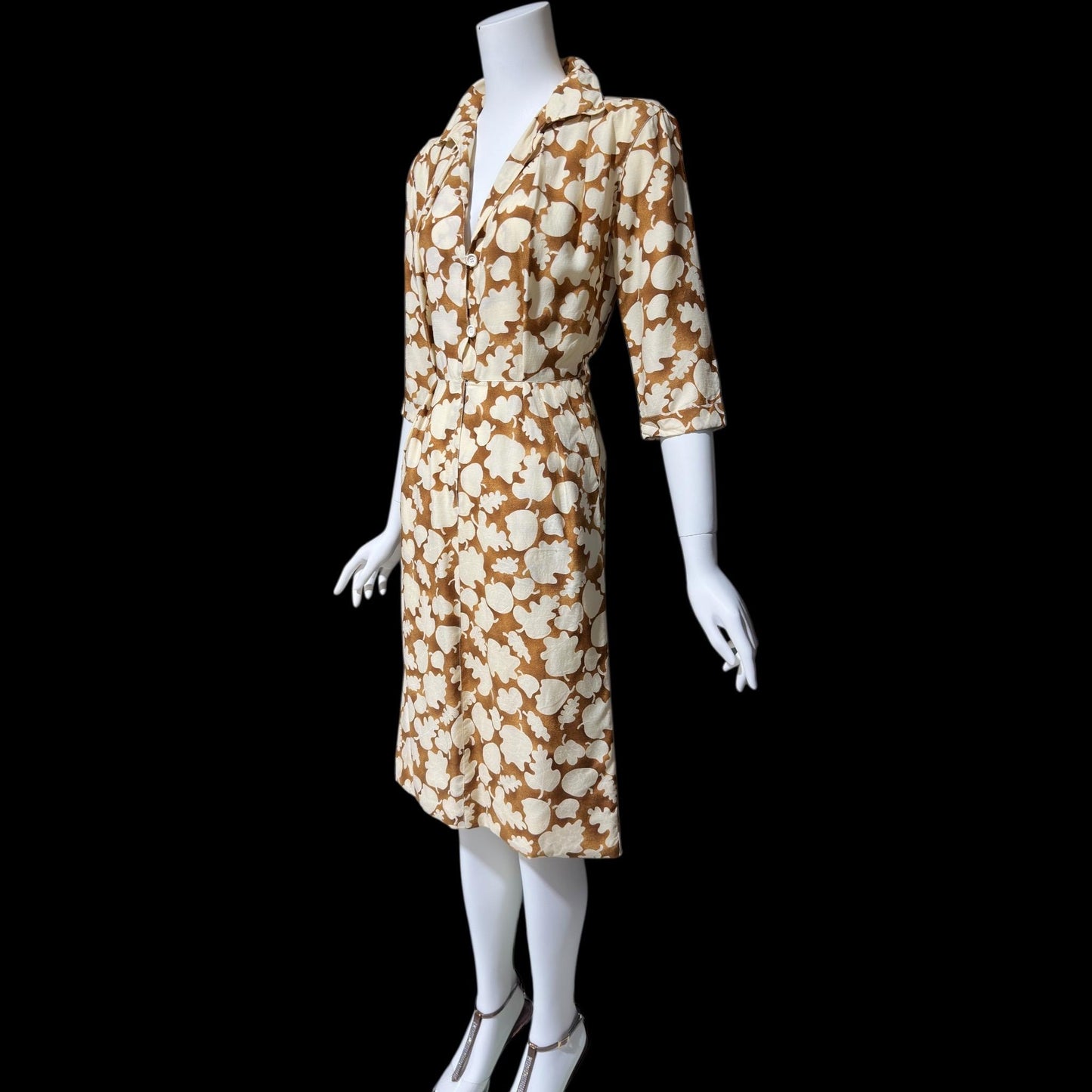 COURREGES vintage 1970s shirtdress, silk blend, nutmeg and cream button front wear to work dress