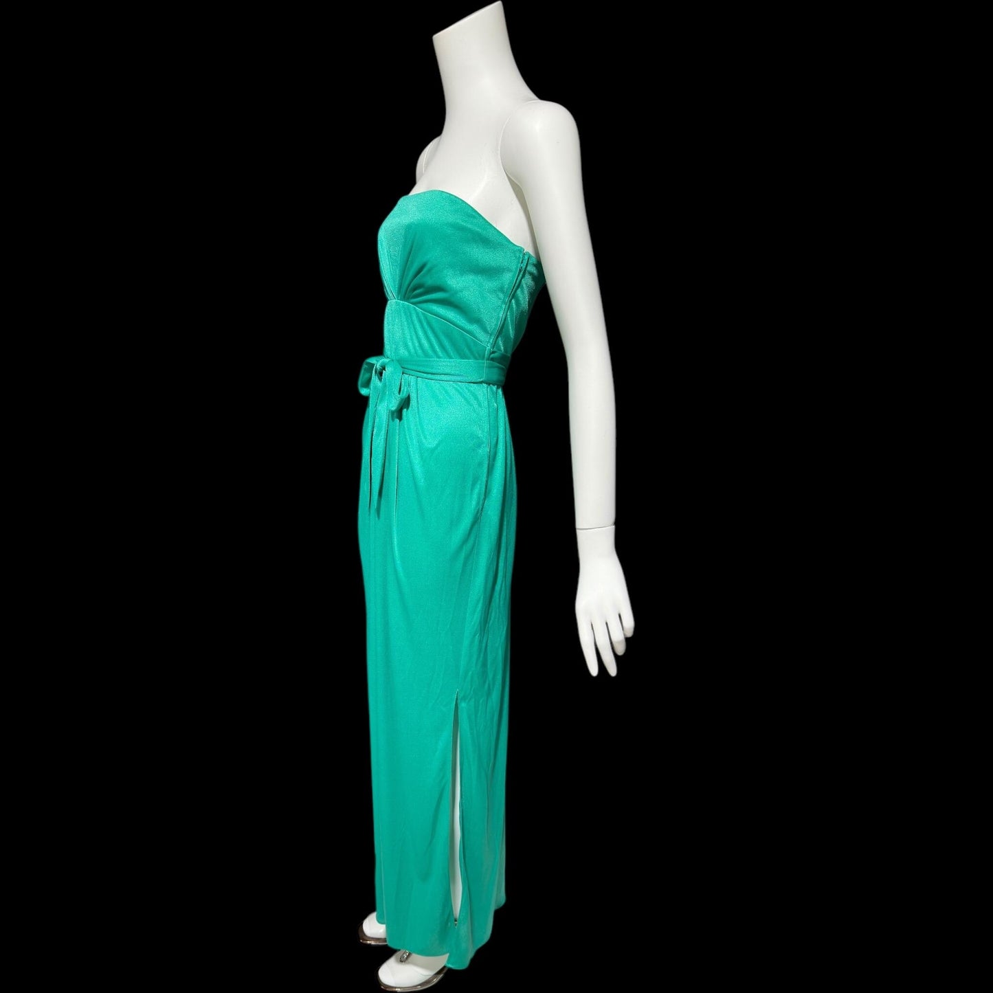 ESTEVEZ evening dress, vintage 1970s teal green jersey knit gown, Studio 54 cocktail disco party dress