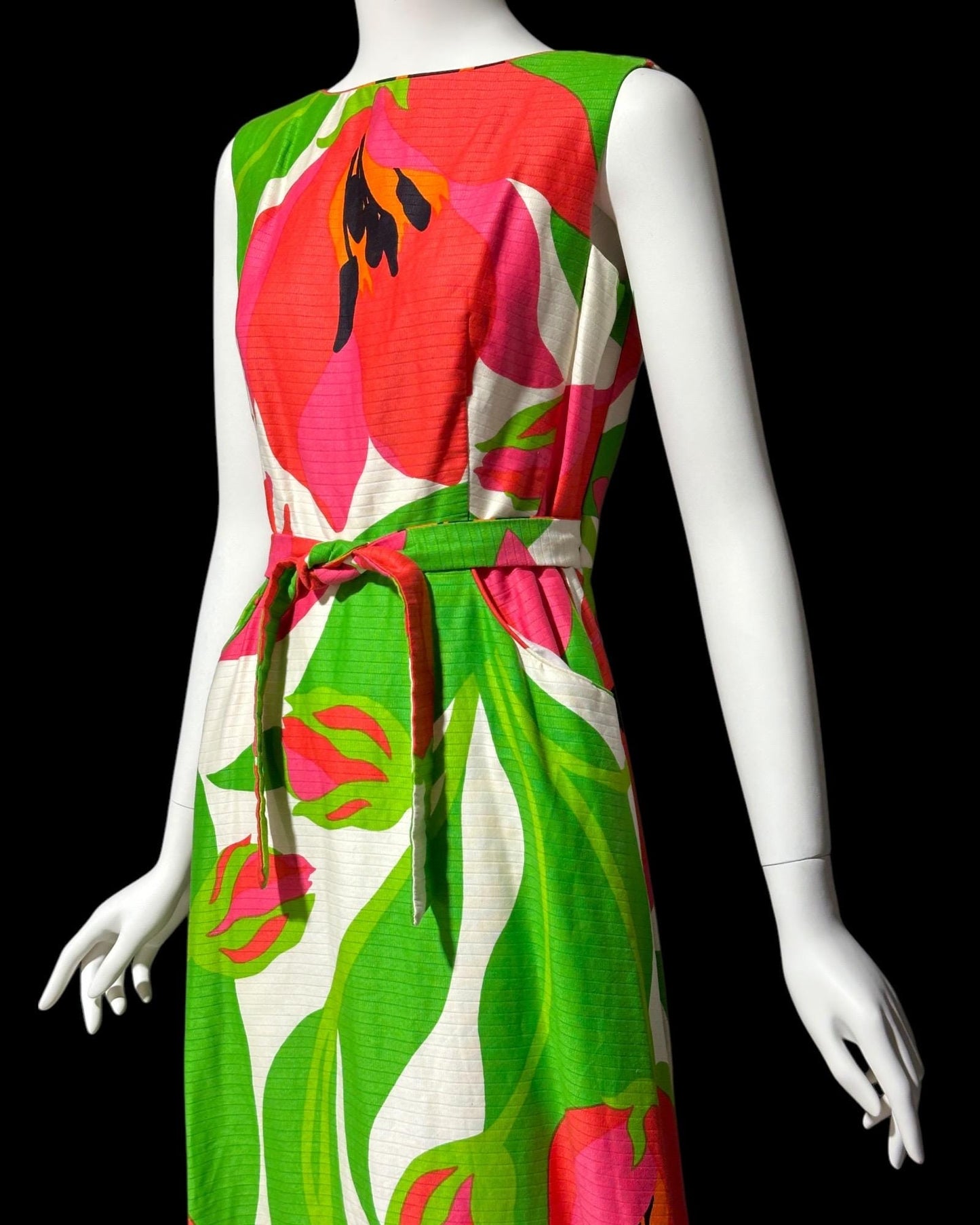 MALIA HONOLULU, vintage 1960s dress, Hawaiian wrap cotton maxi sundress, Hot Pink Green Summer Beach Party dress