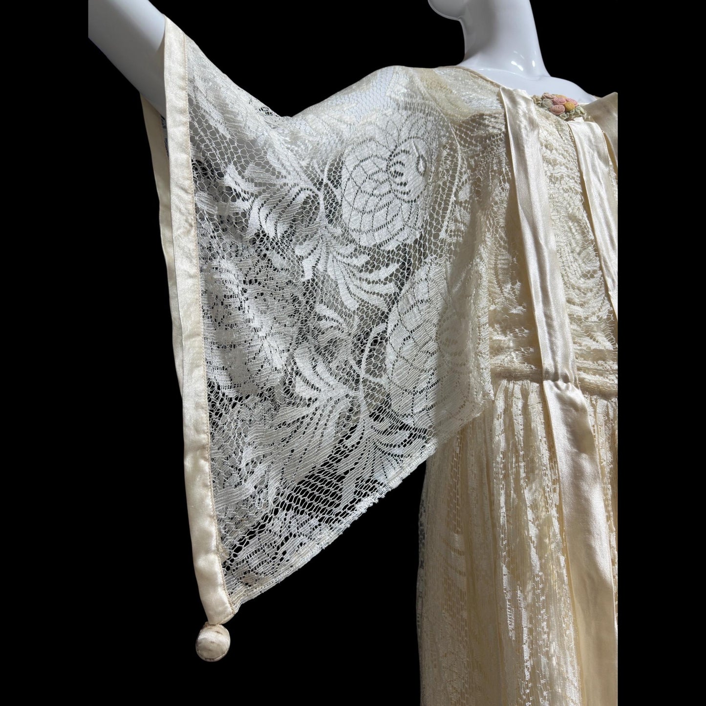 1920s Antique vintage wedding dress, Handmade candlelight white silk and lace slip dress with scarf sleeves, bridal flapper dress