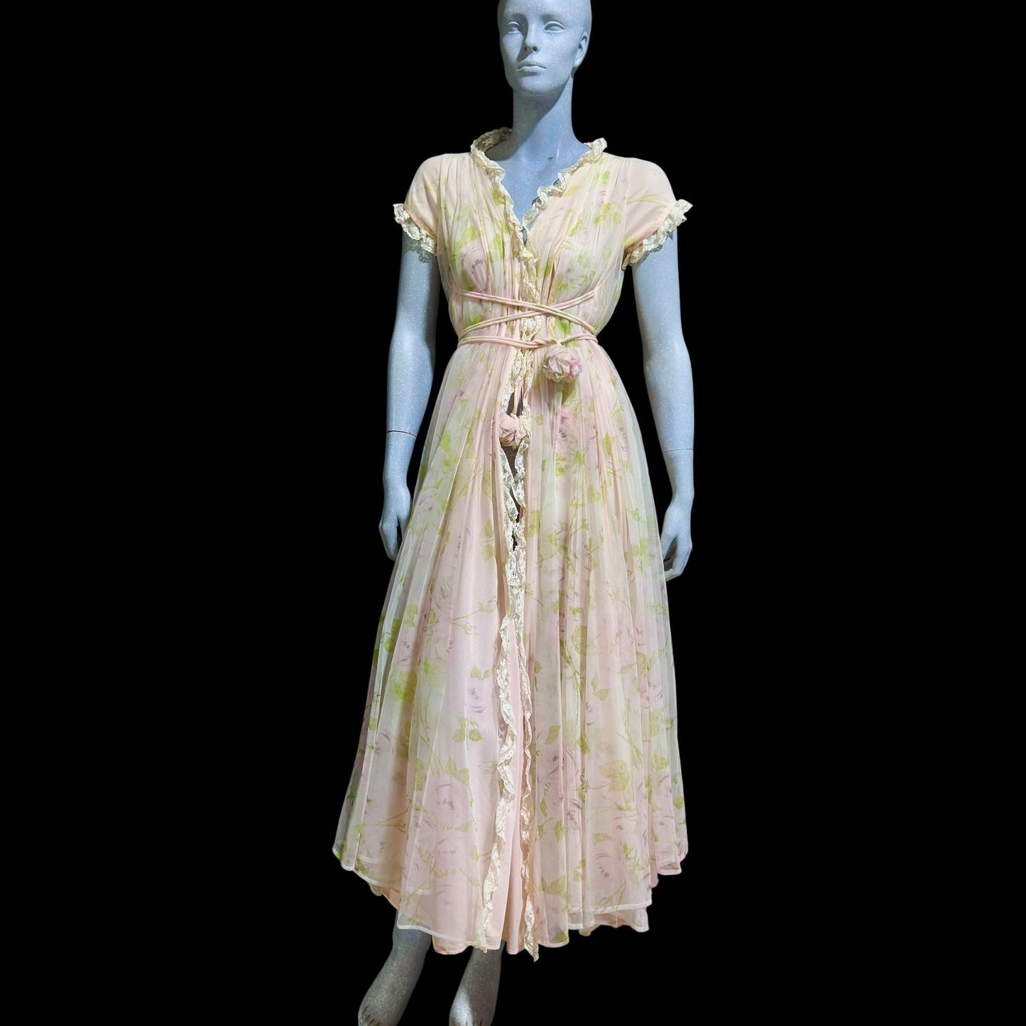 LUCIE ANN Claire Sandra, vintage 1960s Pink floral full sweep peignoir nightgown, grecian wrap pom pom dress, waterfall back robe