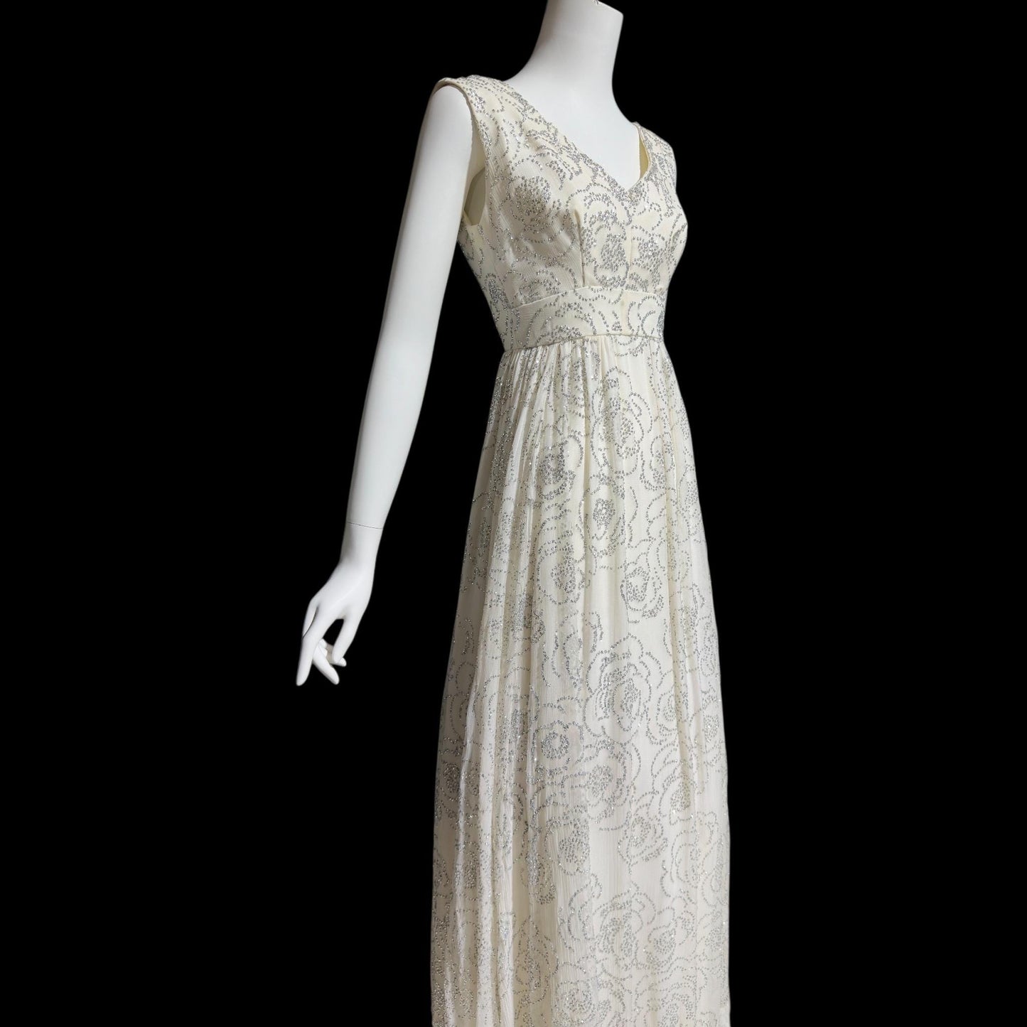 1960s vintage evening dress gown, white chiffon with sparkly silver rose sequins wedding bridal gown