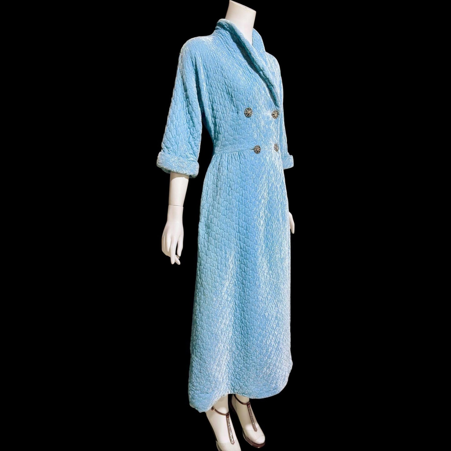 B COHEN ORIGINAL, vintage 1940s dressing gown robe, quilted robin's egg blue double breasted wrap front housecoat