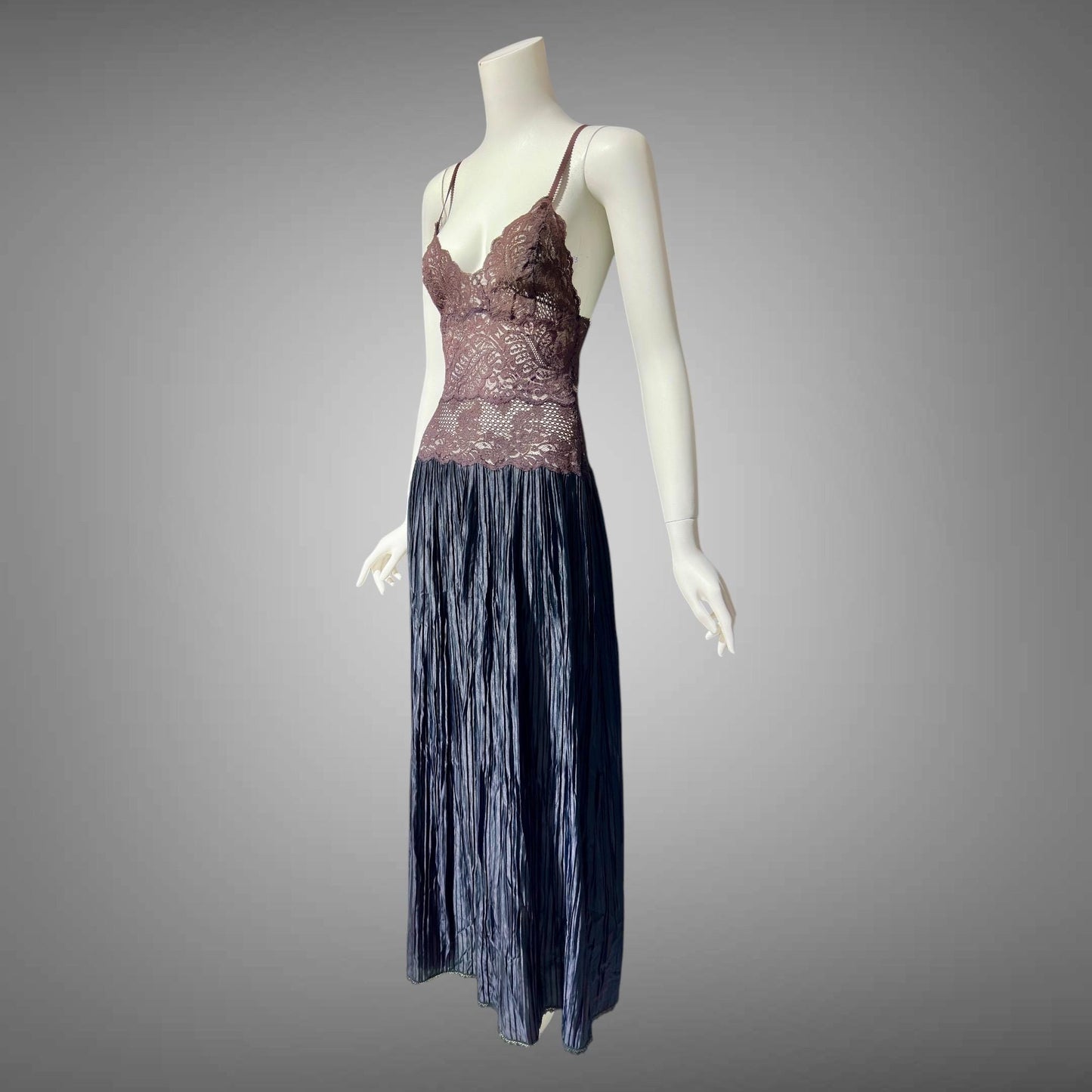 FERNANDO SANCHEZ, vintage 1970s Nightgown, Black and Chocolate lace plisse gown