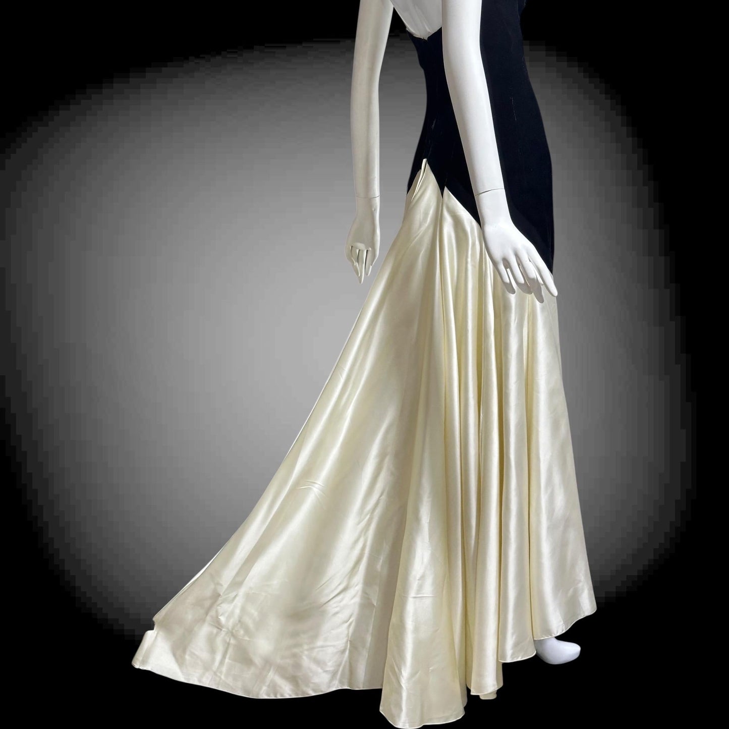 VICTOR COSTA vintage 1970s evening dress gown, Neiman Marcus, black velvet & white satin strapless mermaid gown