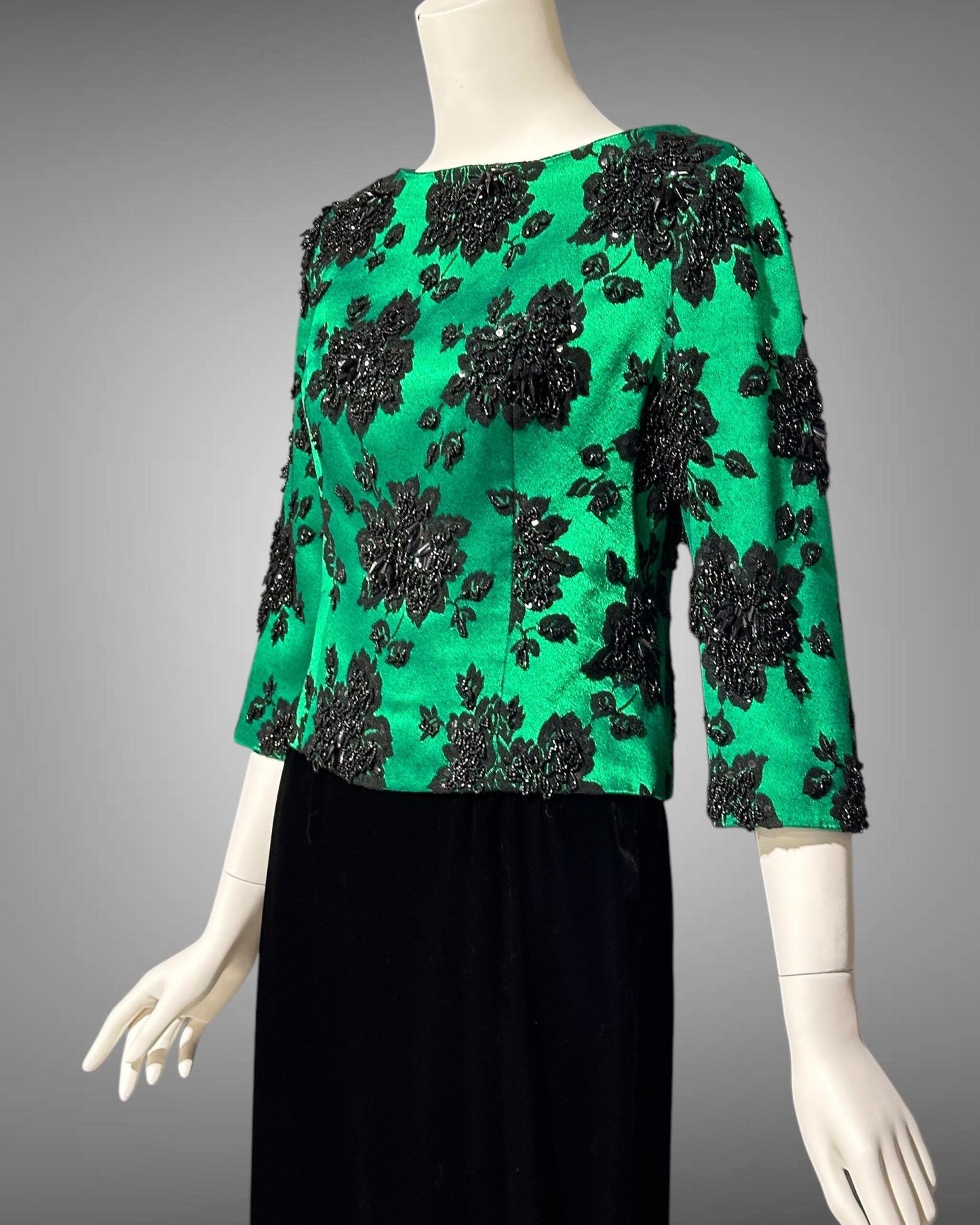 SAKS FIFTH AVE 1960s vintage evening dress, Beaded Black Velvet Green Satin 2 piece long dress