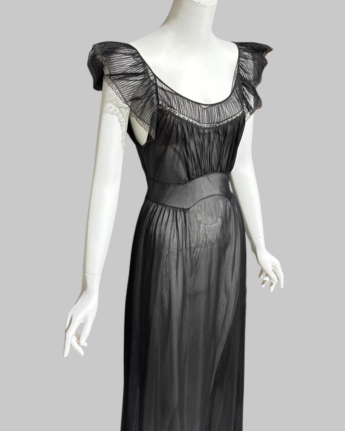 KAYSER vintage 1950s nightgown slip dress, ethereal sheer black chiffon and lace micro pleat gown