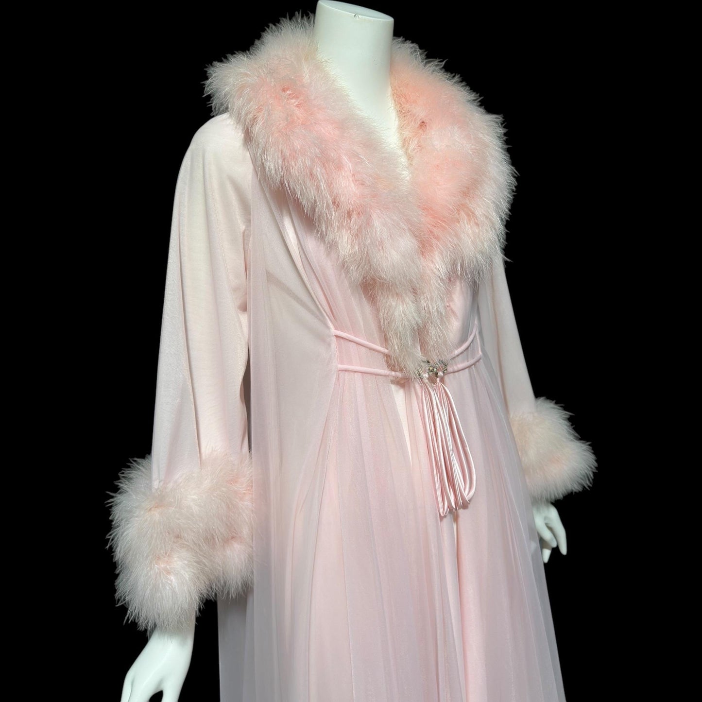 LUCIE ANN Claire Sandra dressing gown robe, vintage 1960s frothy pink full sweep marabou gown