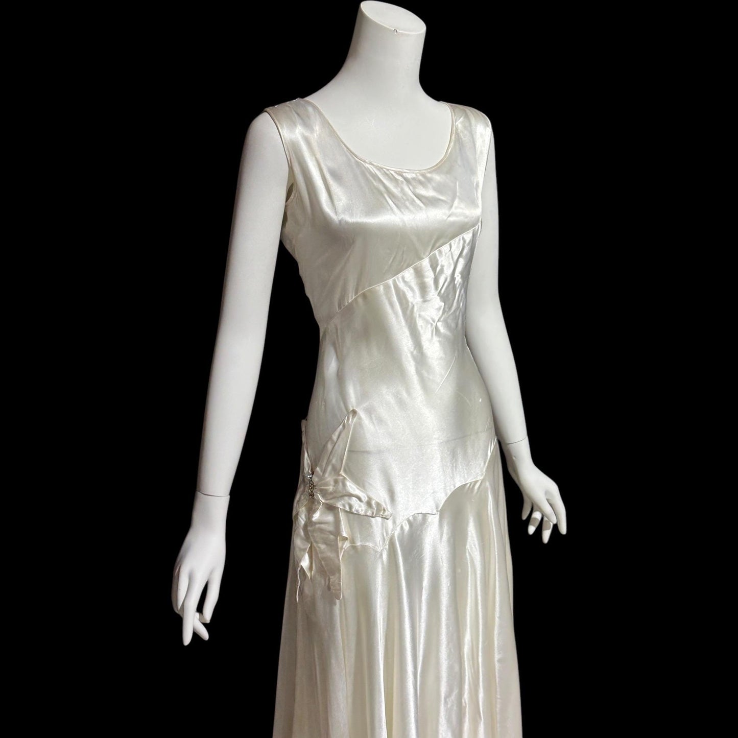 1940s vintage wedding dress, shimmering white satin tea length bridal ball gown