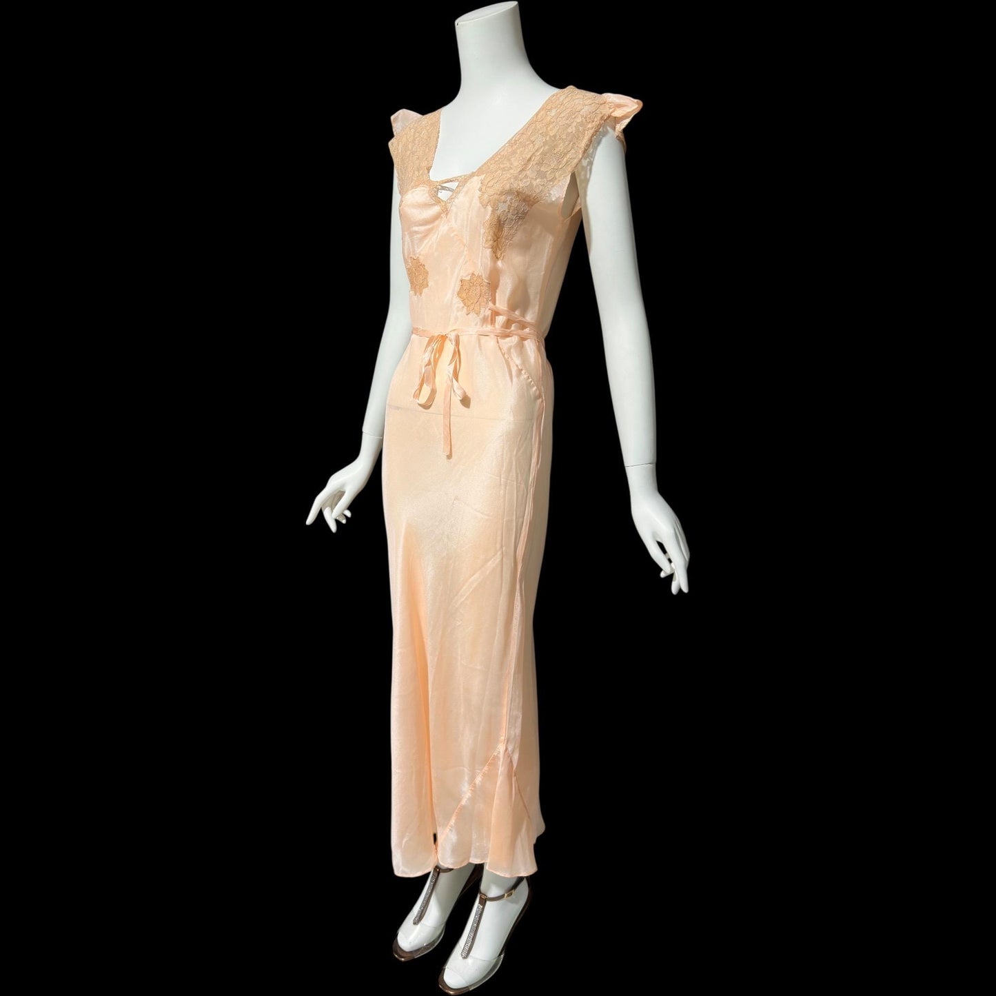 1930s Rayon Slip Dress: Vintage Bias Cut Shiny Peach Nightgown, Lace Trim