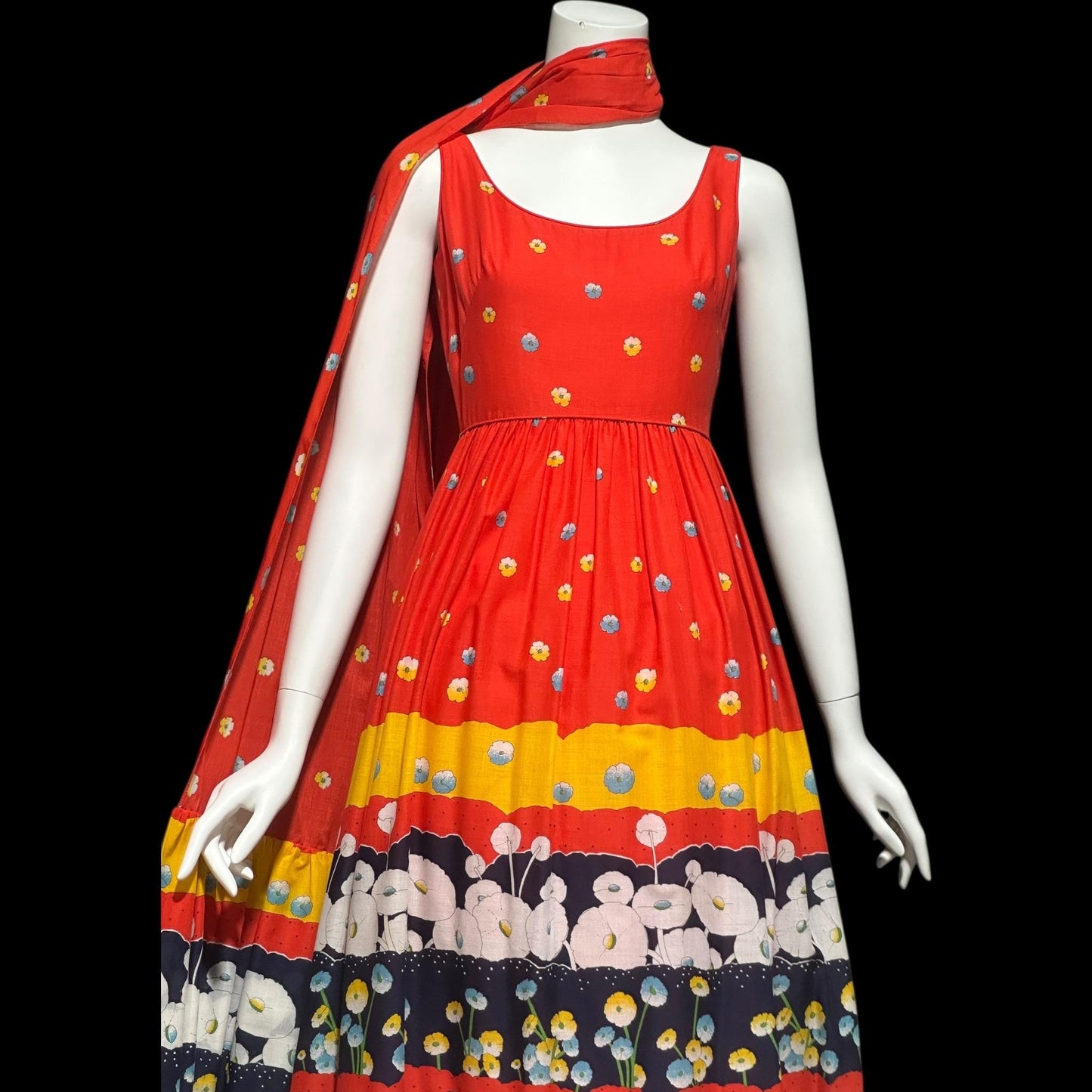 SHANNON ROGERS Jerry Silverman, vintage 1960s floral evening sundress, Border print w/ matching shawl