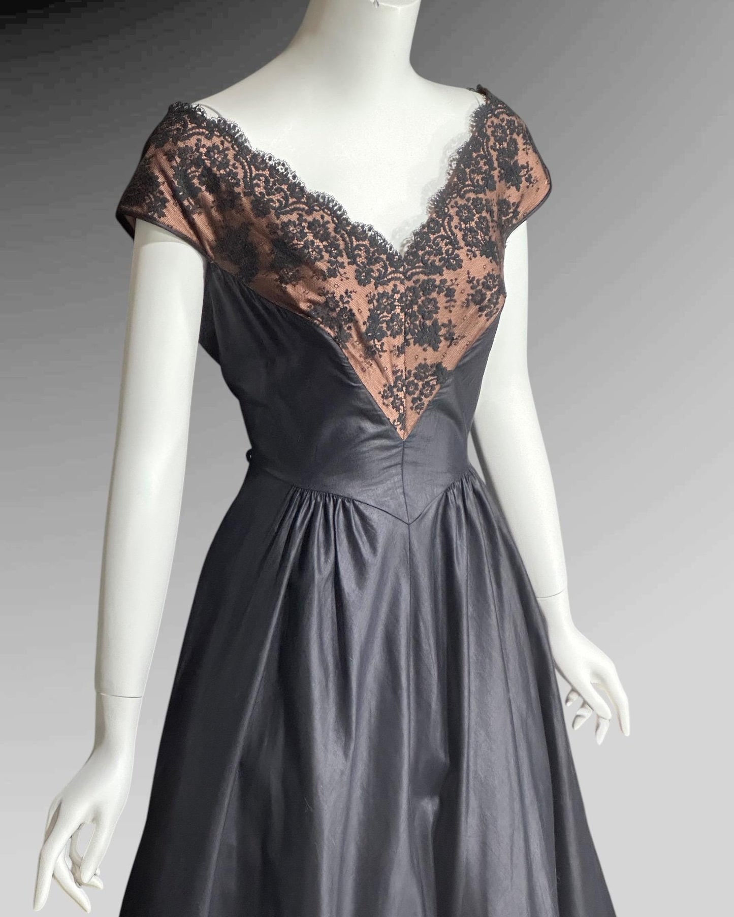 DOROTHY O'HARA, vintage 1950s dress, Black polished cotton and lace fit and flare cocktail party evening dress