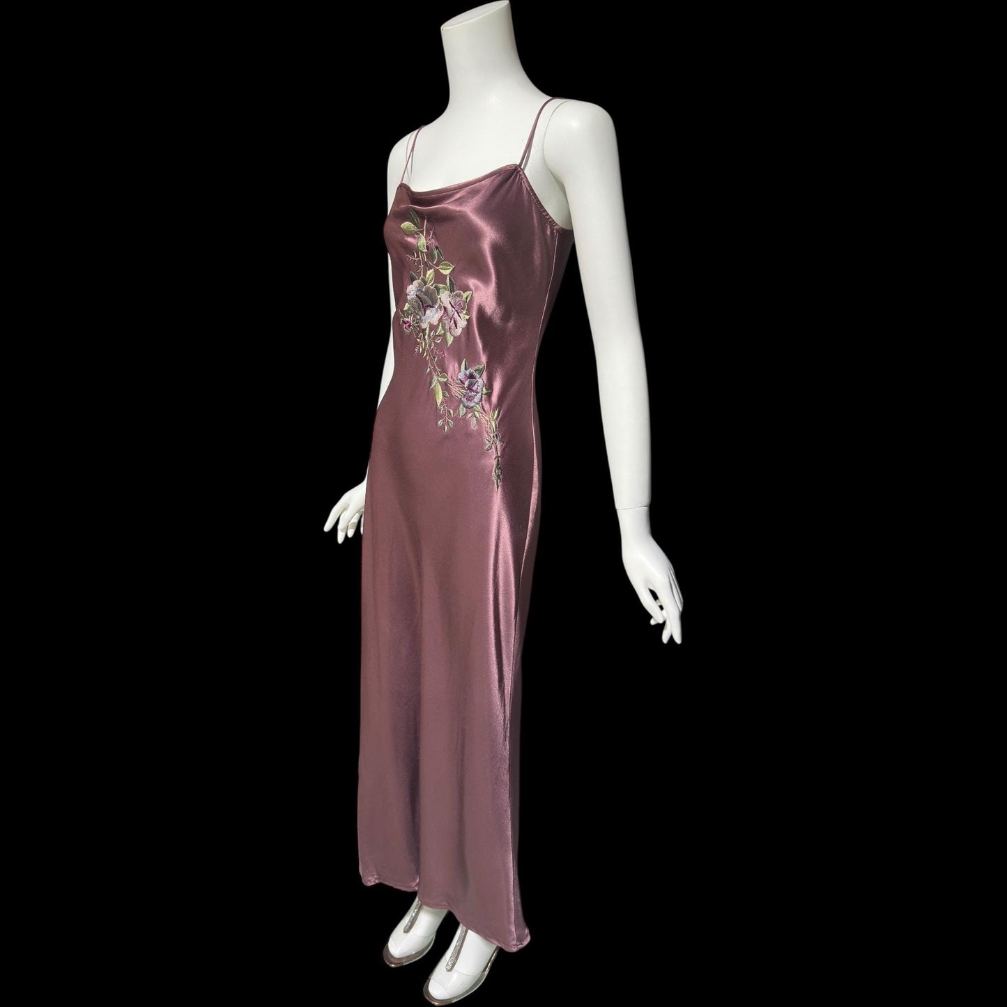 BONNIE STRAUSS vintage 1990s evening slip dress, shiny satin bias cut sheath embroidered 1940s style gown