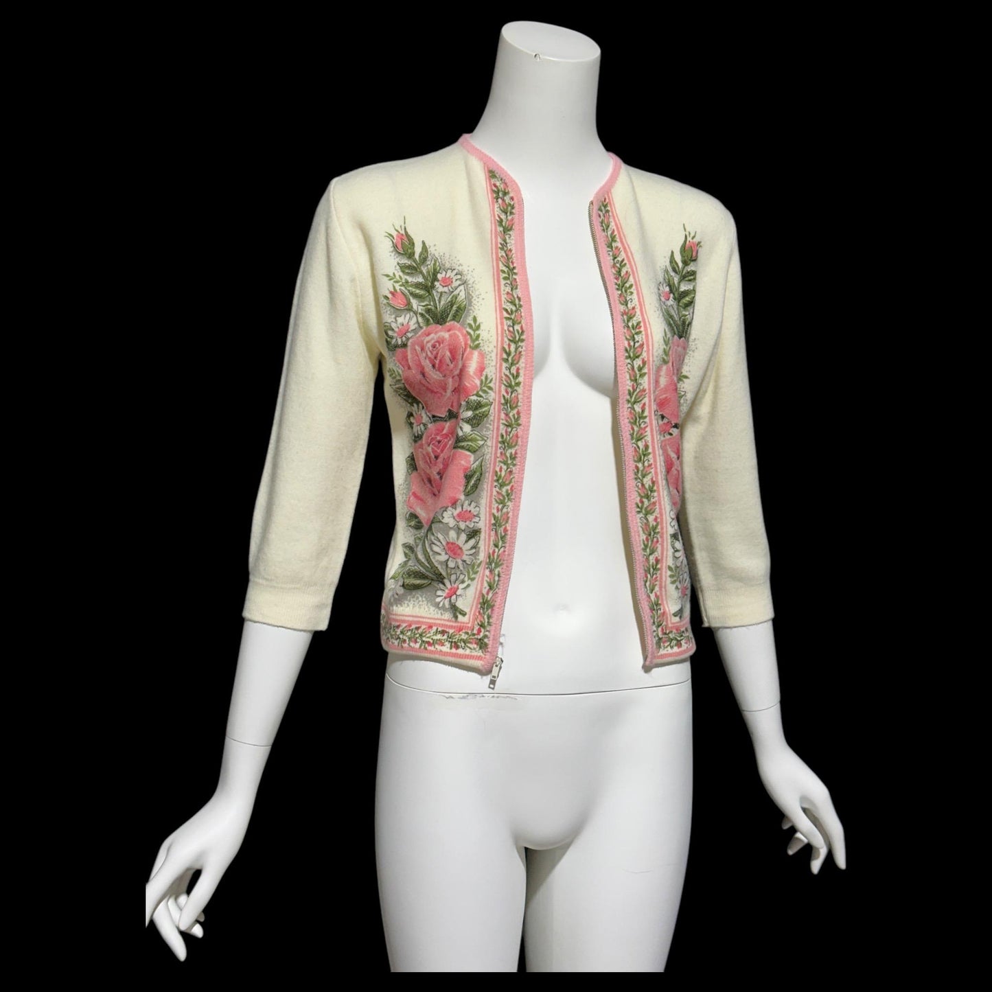 BERNICE CREATIONS, vintage 1950s cardigan, cream and pink rose print acrylic zip front sweater