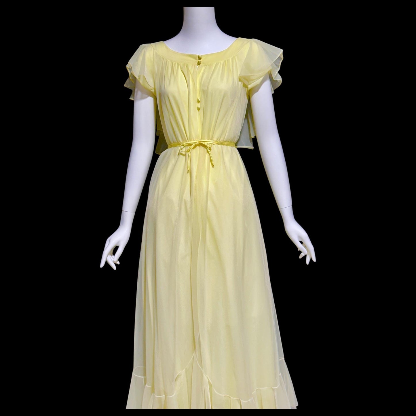 LUCIE ANN Claire Sandra, 1960s Marshall Field daffodil yellow full sweep ruffled nightgown, grecian wrap slip dress