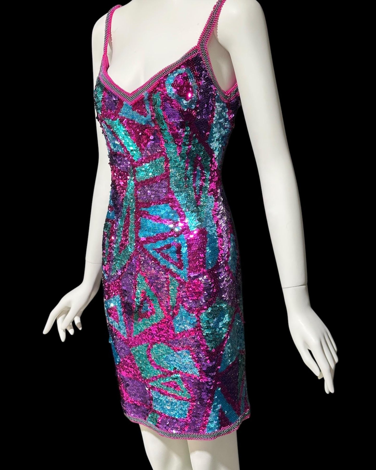 ALYCE vintage 1990s slip dress, sequin cocktail mini dress, Hot Pink jewel tone sequin