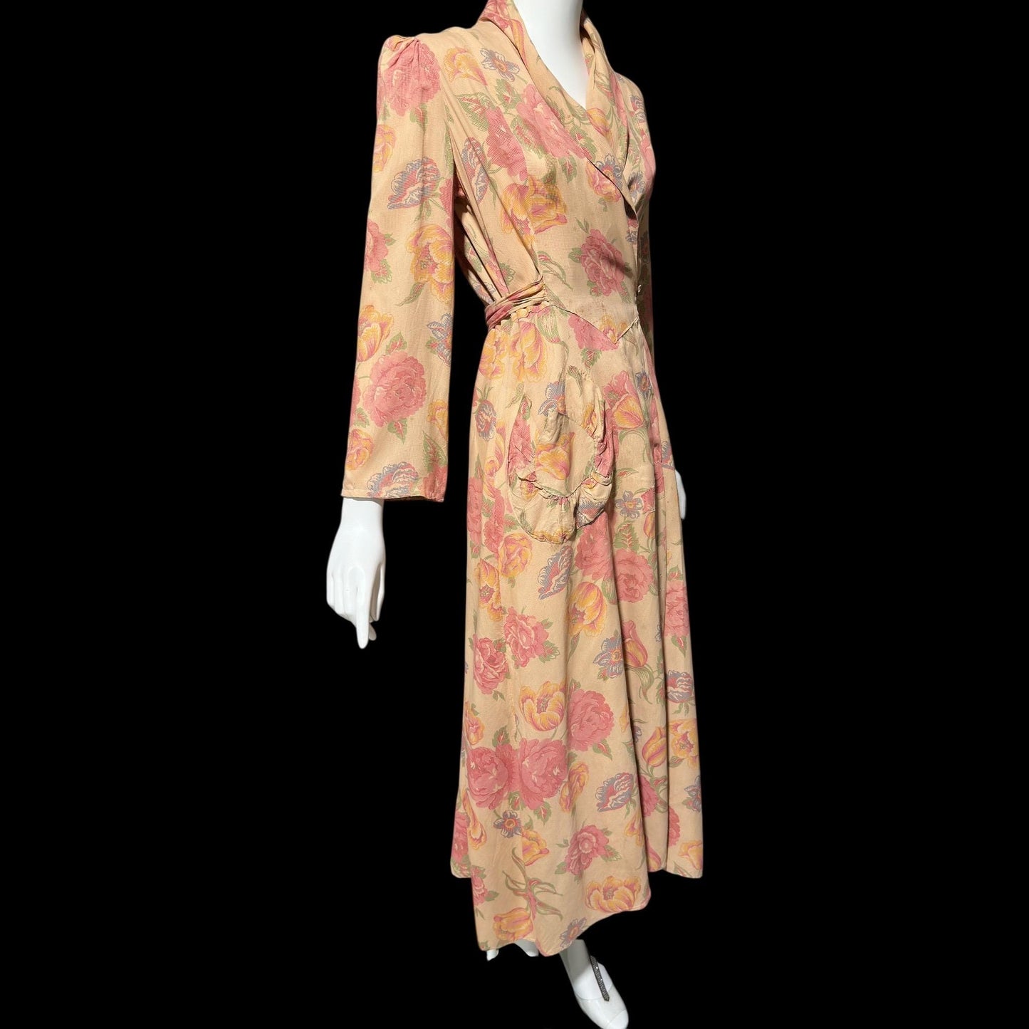 1930s vintage silk chintz floral robe, Dusty pink wrap front long house coat, Rehabilitated Wounded Bird