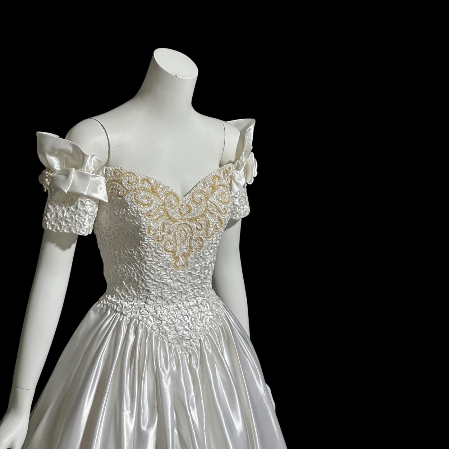 MIKE BENET, vintage 1980s evening dress, shiny white satin sequins prom wedding ball gown