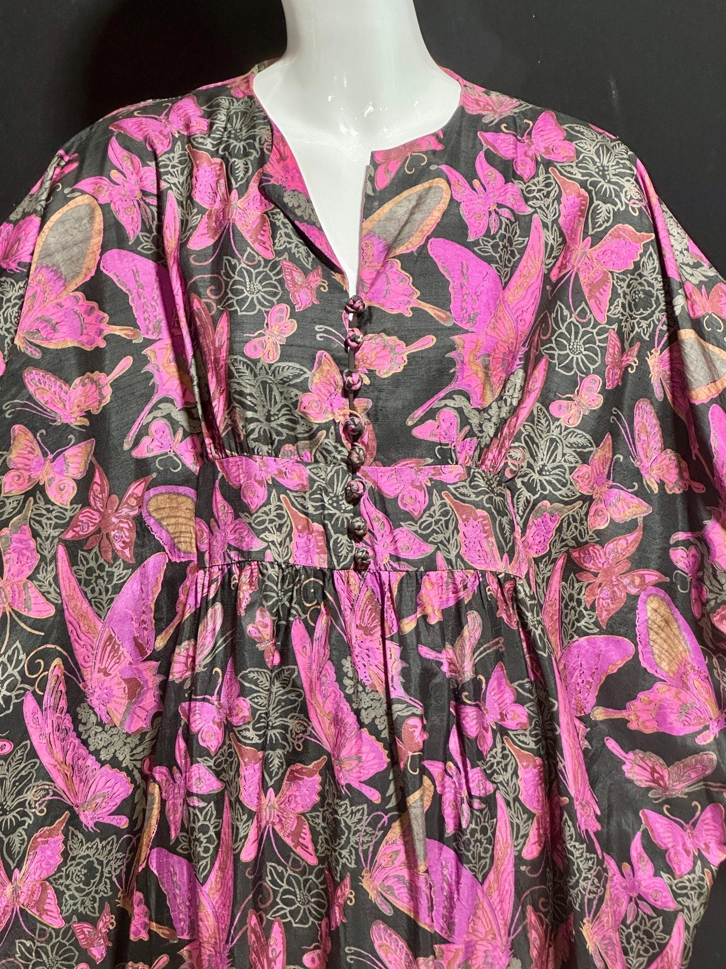 DESIGN THAI BANGKOK, vintage 1960s caftan dress, maxi party dress, hot pink butterfly print silk dress