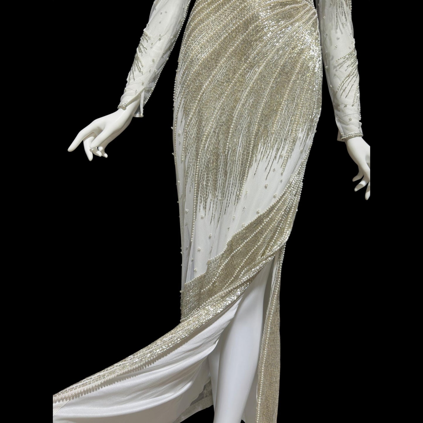 CARLOTA ALFARO, vintage 1970s evening gown dress, White mesh with silver and white beads sheath dress