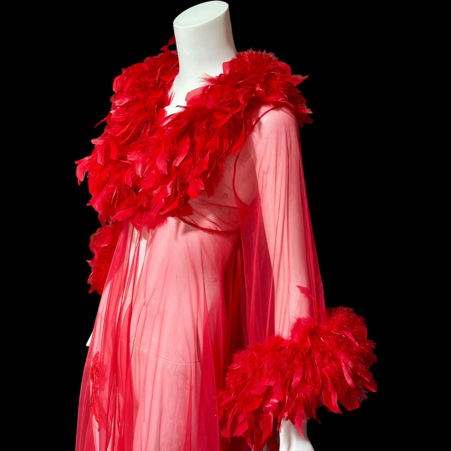 TRIANGLE vintage 1970s dressing gown, sheer bold red chiffon housecoat with feather trim, peignoir house coat