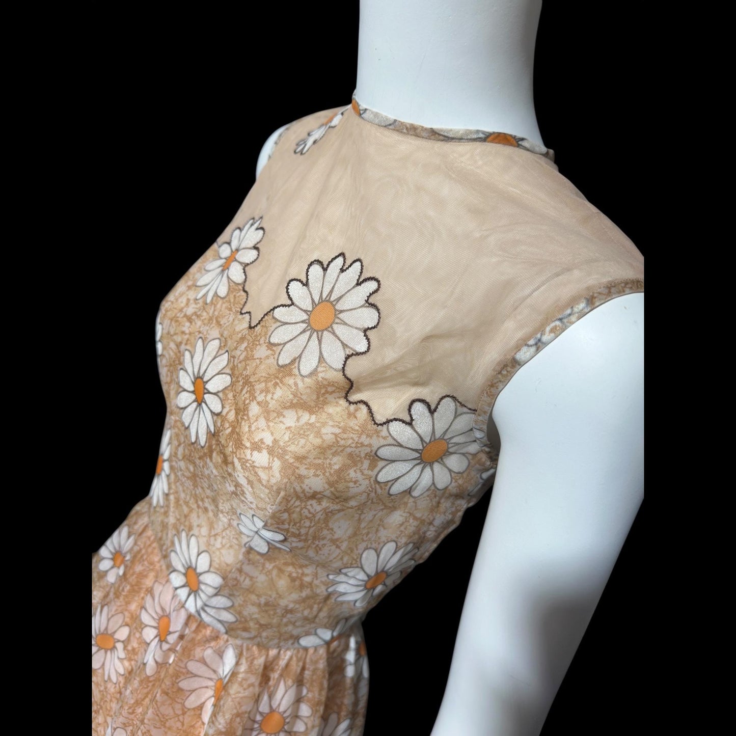 LILLI DIAMOND vintage 1960s evening dress gown, Daisy floral voile maxi dress, illusion neckline