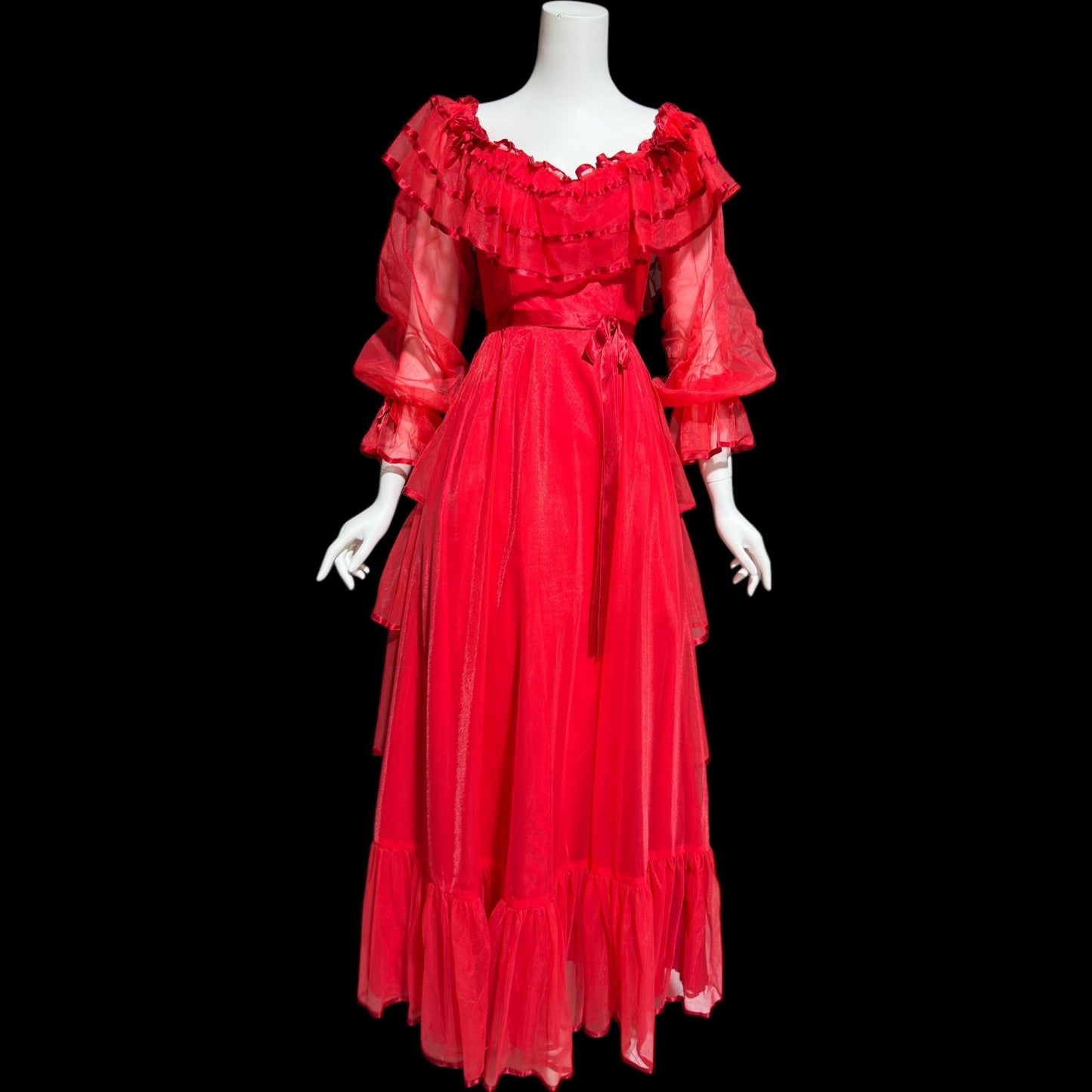 DANCE ALLURE, vintage 1980s evening dress, RED off-the-shoulder prom gown, ruffled tiered skirt
