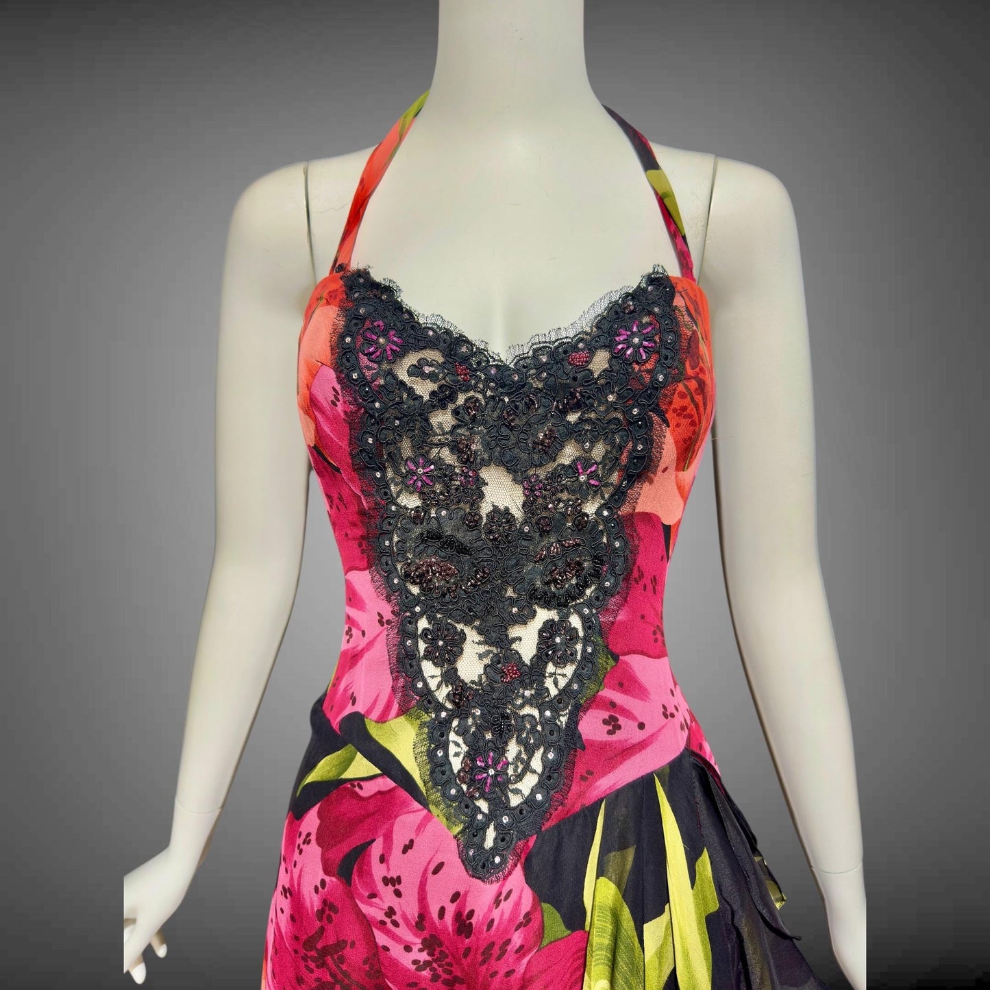 ROSE TAFT vintage 1990s evening dress gown, all silk pink and orange tiger lily floral chiffon halter gown