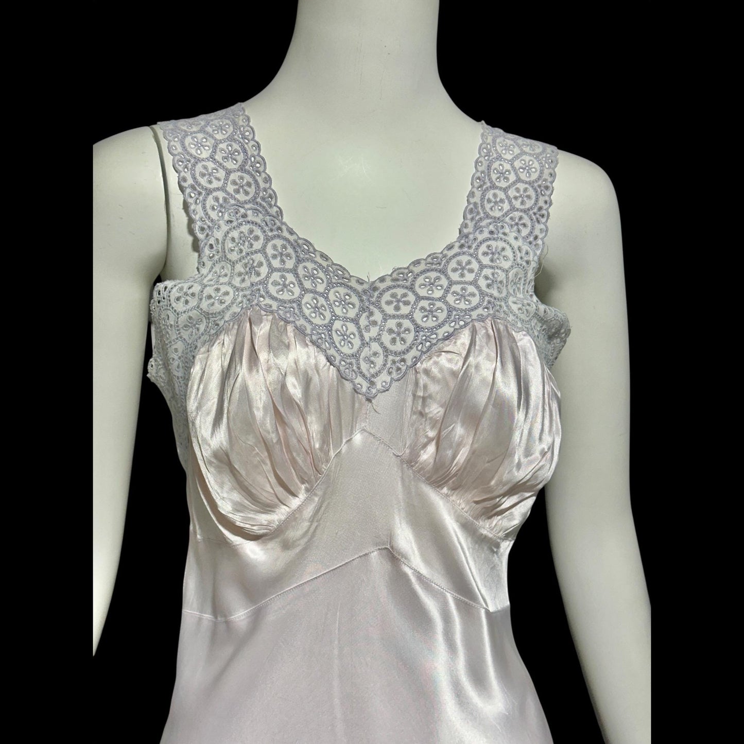 1940s vintage Nightgown slip dress, Shiny bias cut lavender night dress, full length with blue eyelet lace