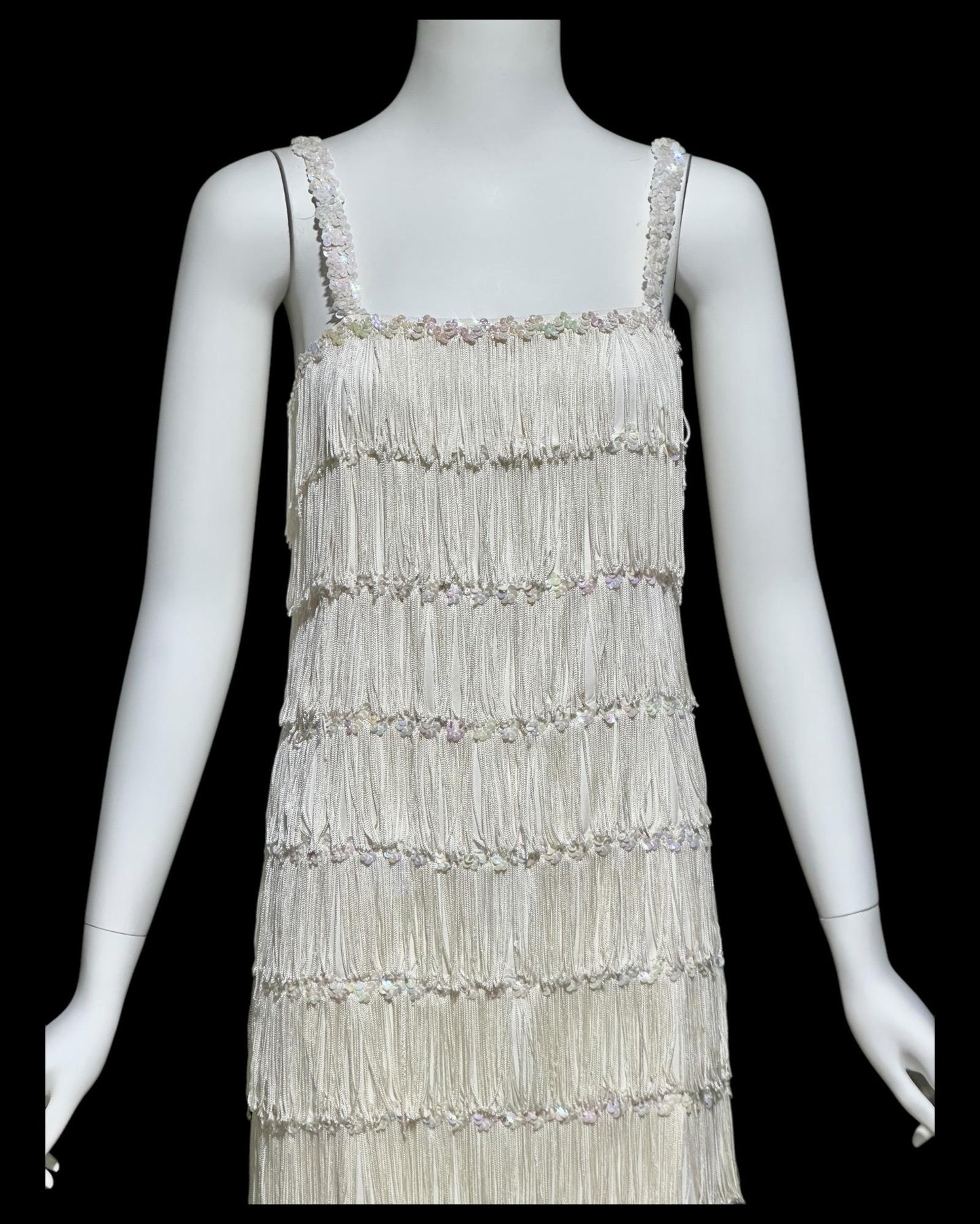 1960s vintage white fringed evening dress gown, column dress with sequins