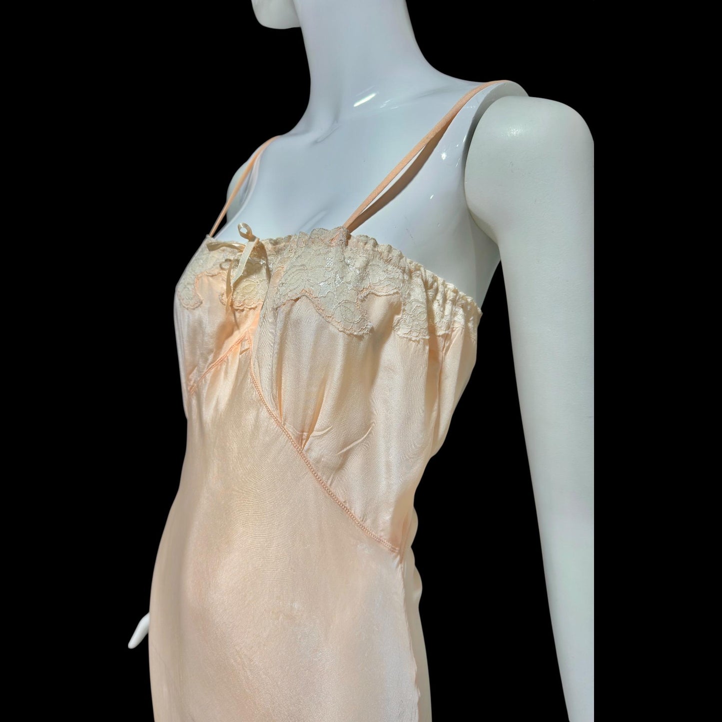 1930s vintage Pale Peachy Pink Rayon Slip Dress: Bias Cut Nightgown, Lace Trim