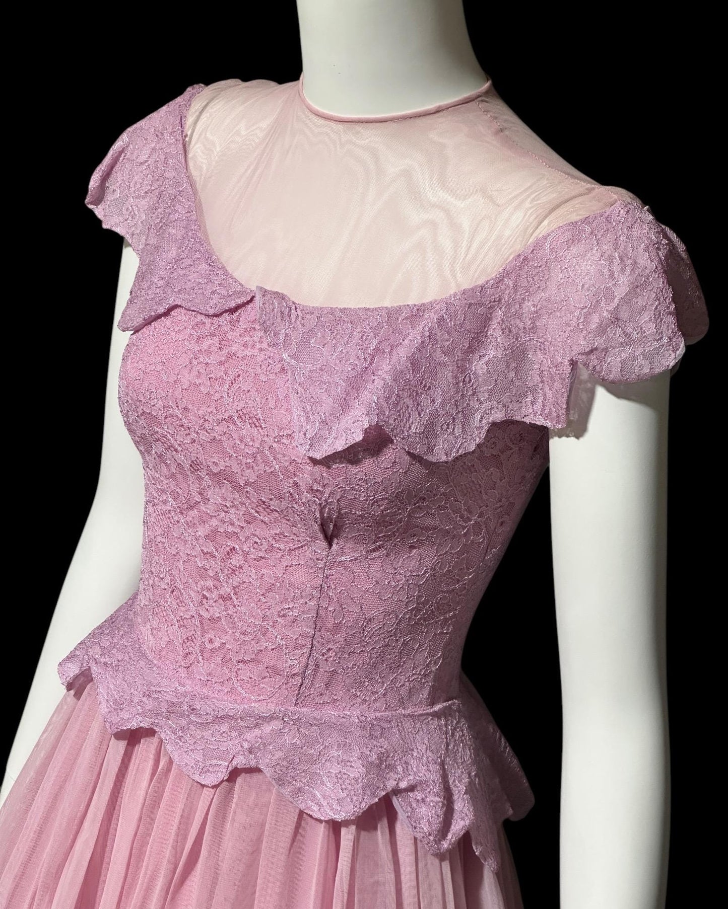 1940s vintage evening gown dress, Orchid purple mesh cupcake prom dress, illusion top with ruffle, peplum circle skirt