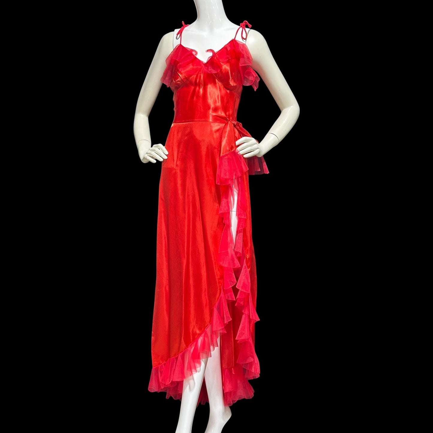 1940s vintage nightgown slip dress, Shiny lipstick red satin with a sheer mesh tulle ruffled trim