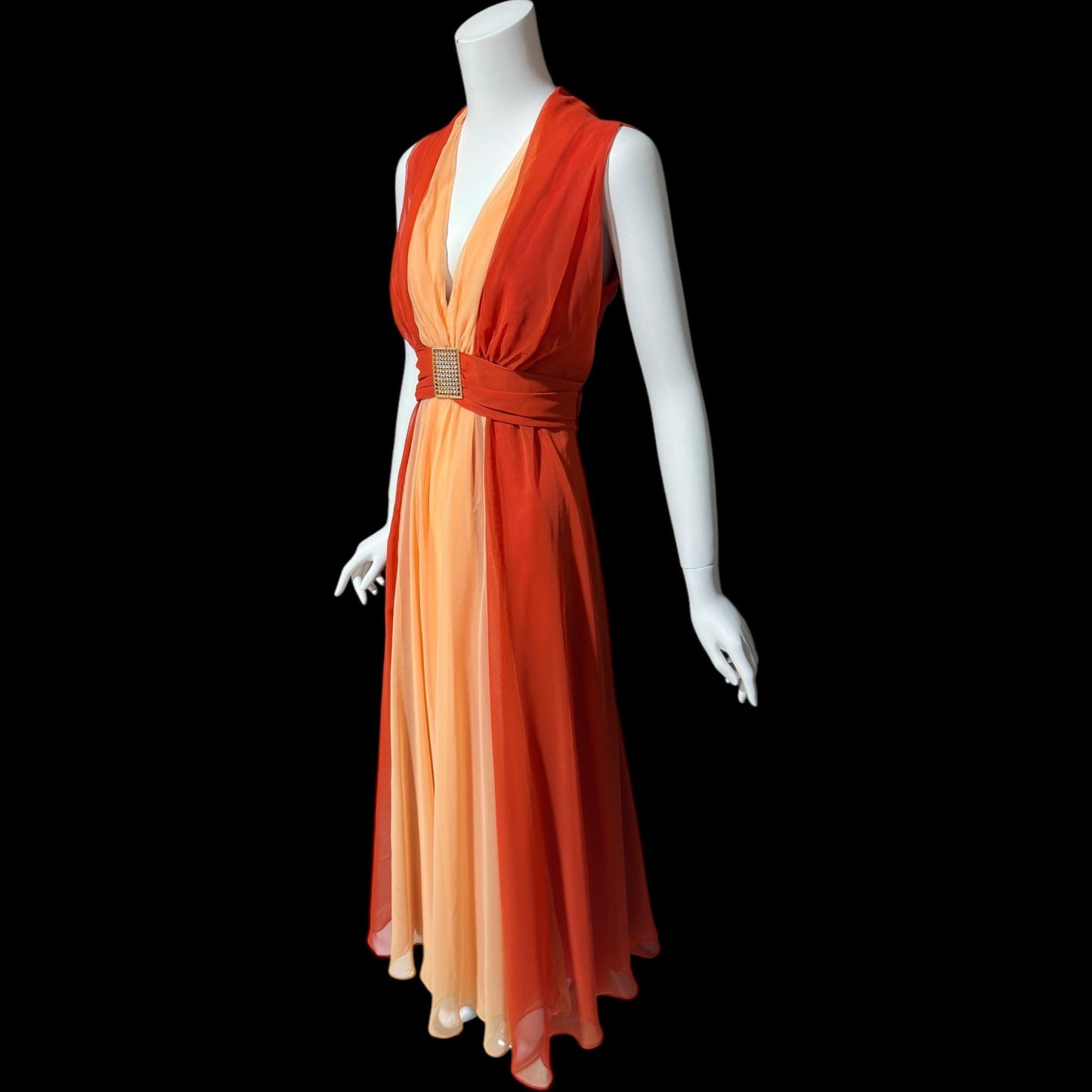 EMMA DOMB, vintage 1970s evening dress, rust and peach chiffon gown
