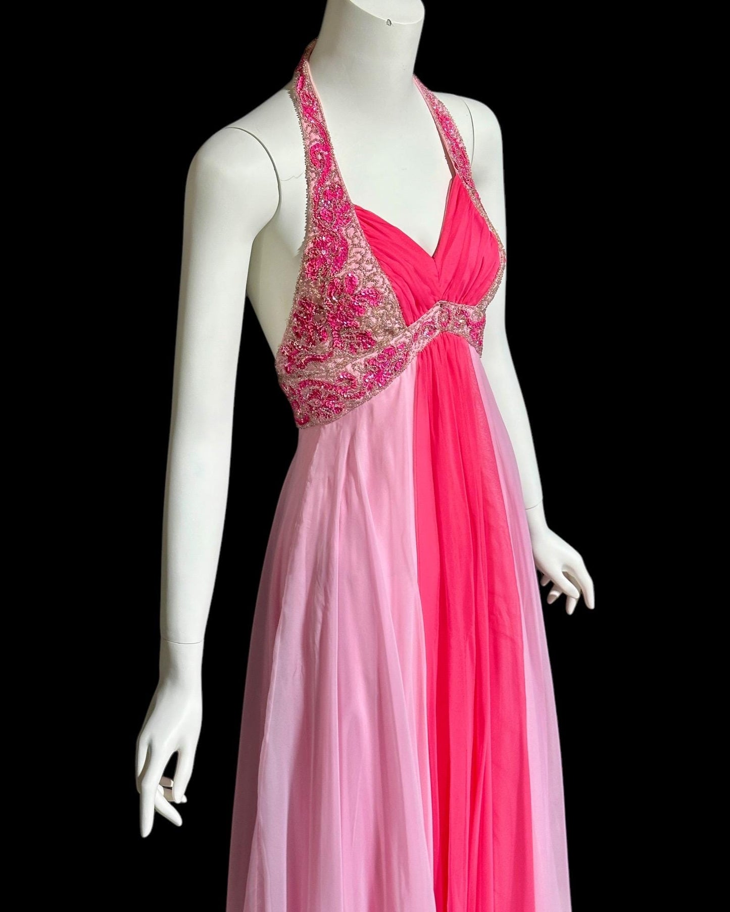 MIKE BENET evening prom dress, 1960s vintage pink chiffon beaded halter evening ball gown